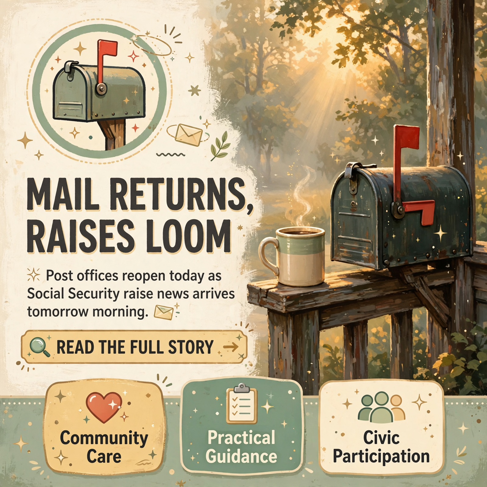 Featured image for "☕ Front Porch Morning: Mail Is Back, a Free Medicare Talk Tonight, and Tomorrow's Social Security Raise"