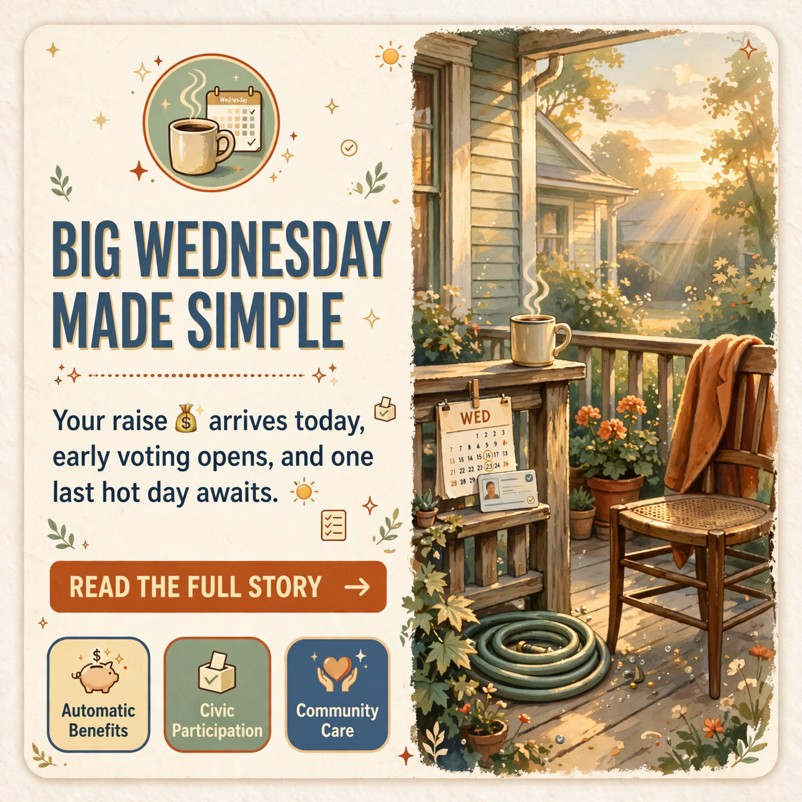 Featured image for "☕ Front Porch Morning: Raise Day, Early Voting Opens, and One Last Hot Day Before the Cool-Down"