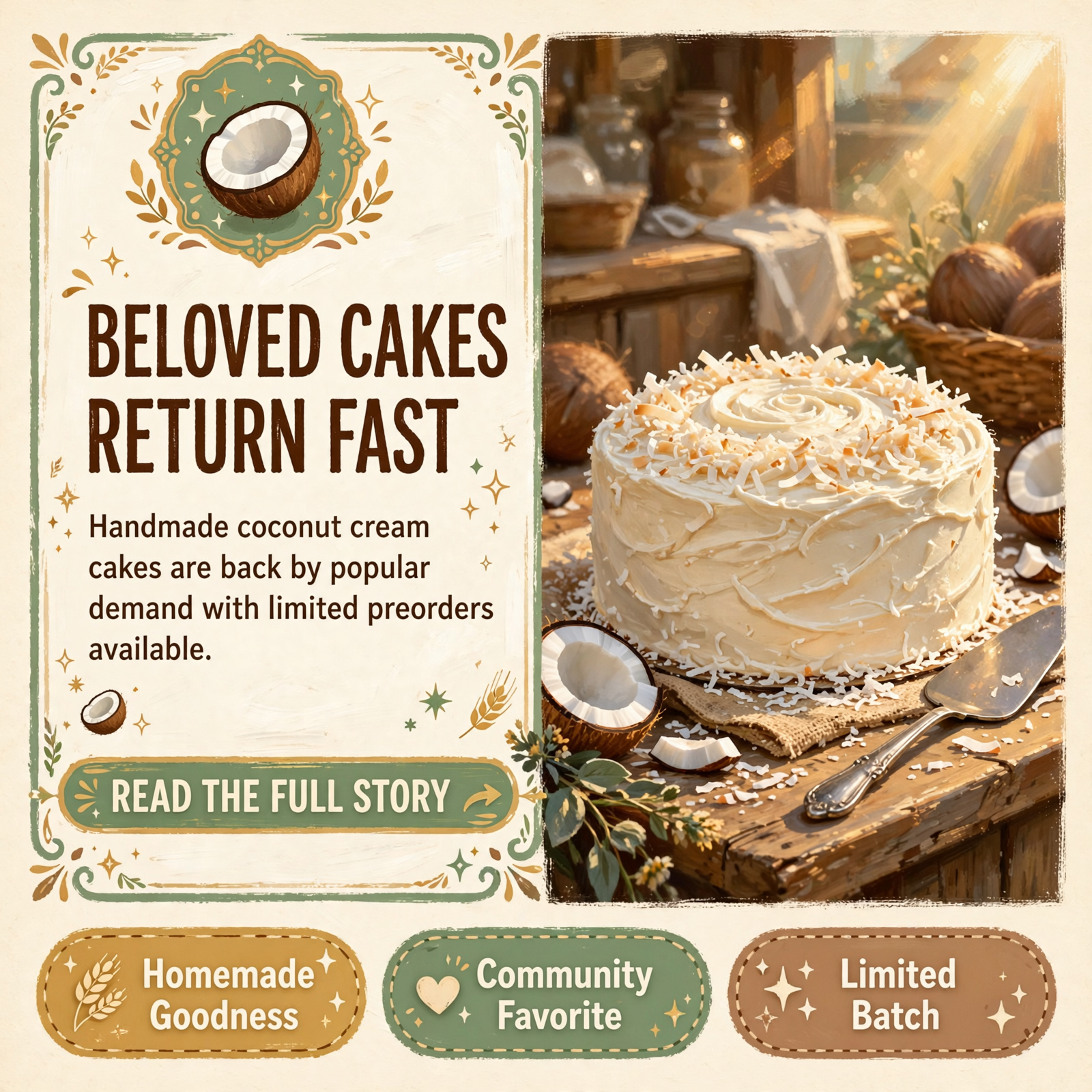 Featured image for "🥥 Dar & Darryl's Farmstand Opens Preorders for Coconut Cream Cakes in Whitwell"