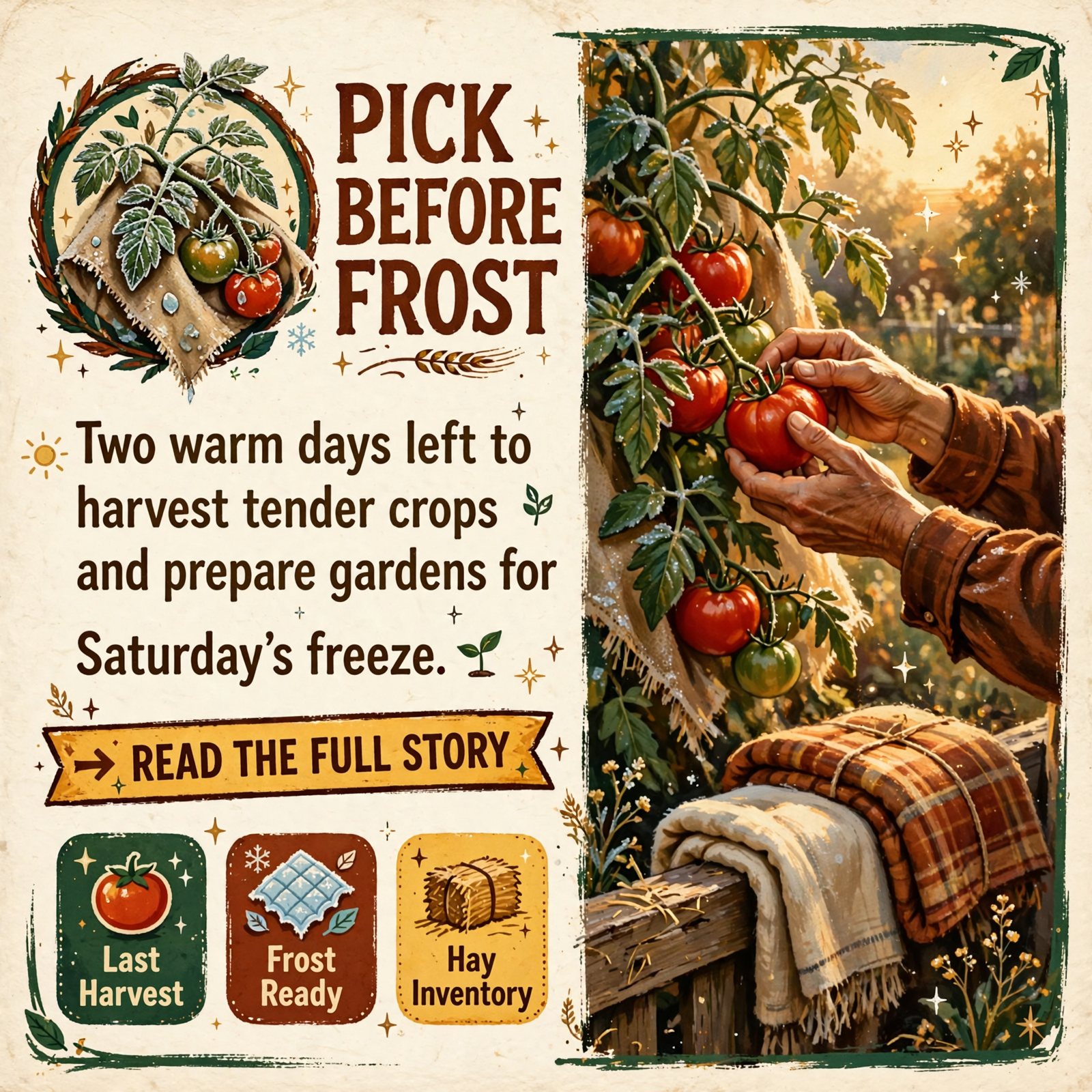 Featured image for "🌾 Last Warm Days to Pick and Cover: Frost Saturday Night, Prussic Acid Timing, and a Hay Inventory Check — Your Farm & Garden Report"