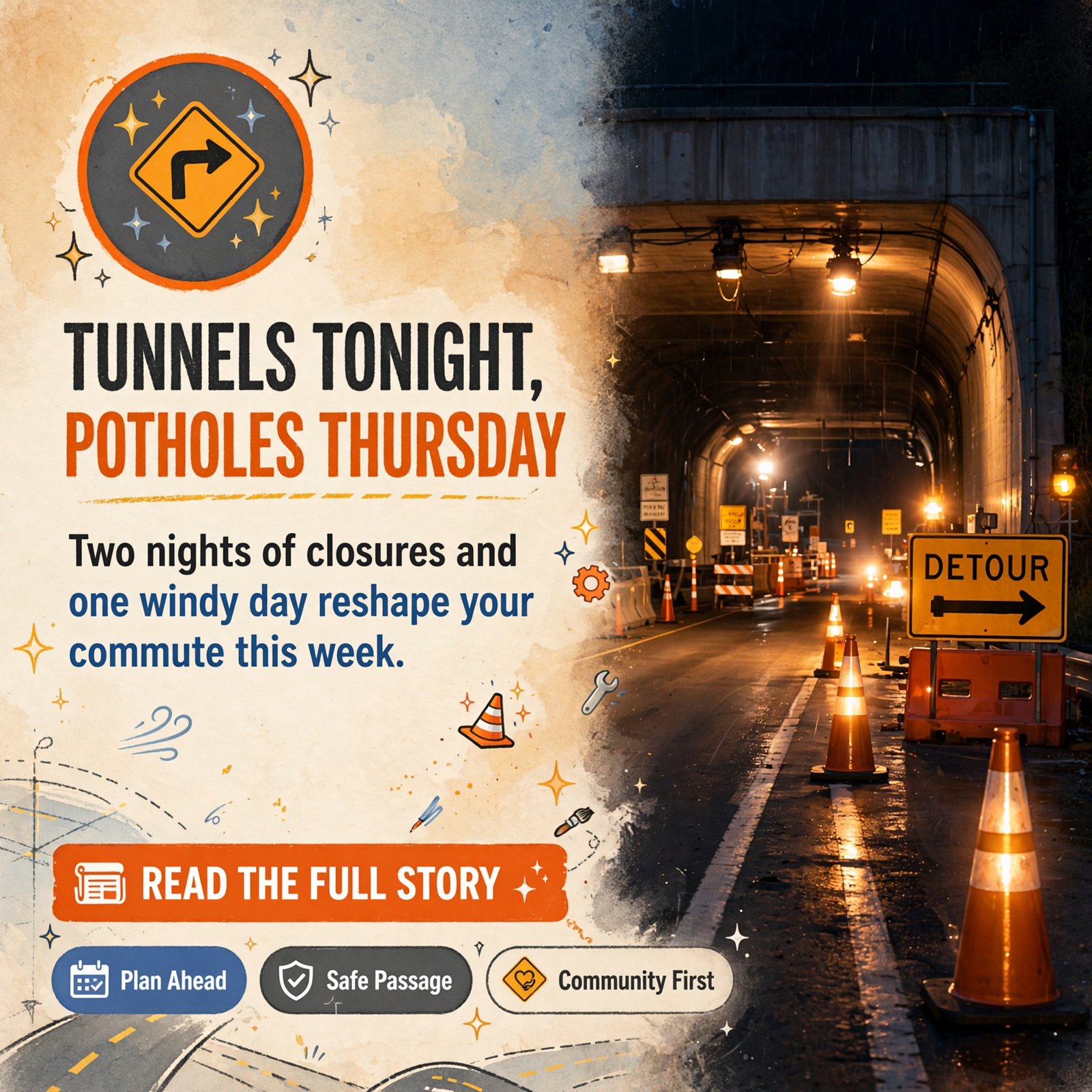 Featured image for "🚧 Tunnels Tonight, Potholes Thursday and a Peek at Dunlap's Future Main Drag: Your Roads & Commute Report"