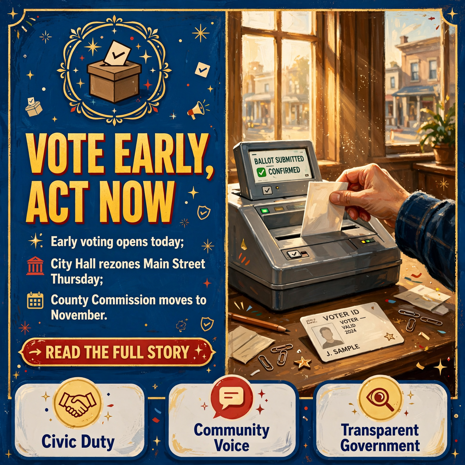 π³οΈ Early Voting Opens Today, City Hall Agenda Is Posted, County Commission Moves to November β Featured Image Featured image for "π³οΈ Early Voting Opens Today, City Hall Agenda Is Posted, County Commission Moves to November"