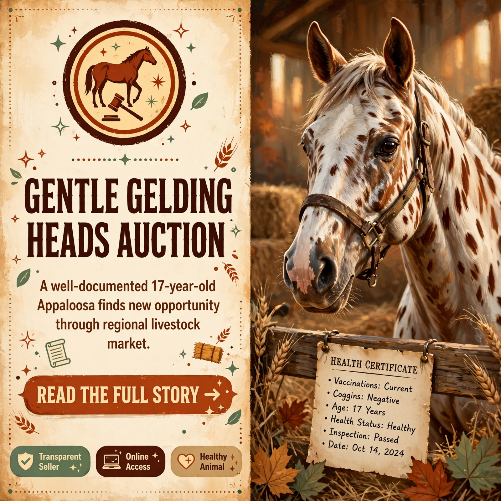 Featured image for "🐴 17-Year-Old Gentle Gelding Heads to Auction Saturday with Online Bidding"