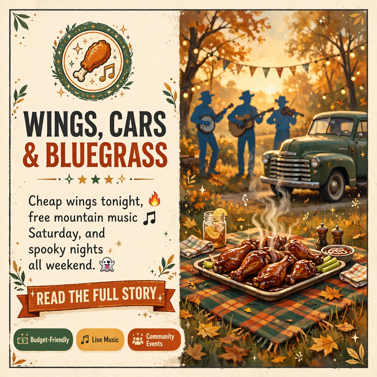 Featured image for "🍗 75¢ Wings Tonight, a Car Meet and Free Mountain Bluegrass Saturday, and Spookah After Dark"