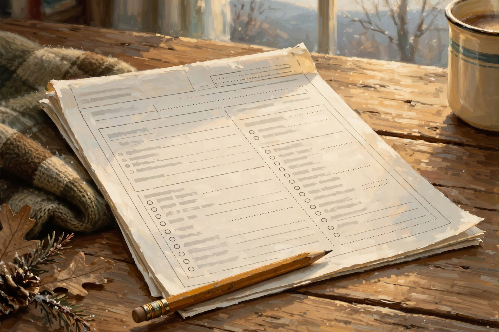 A close-up of a printed reference sheet or notepad lying on a wooden table in natural daylight, with a pen resting nearby and perhaps a coffee mug at the edge…