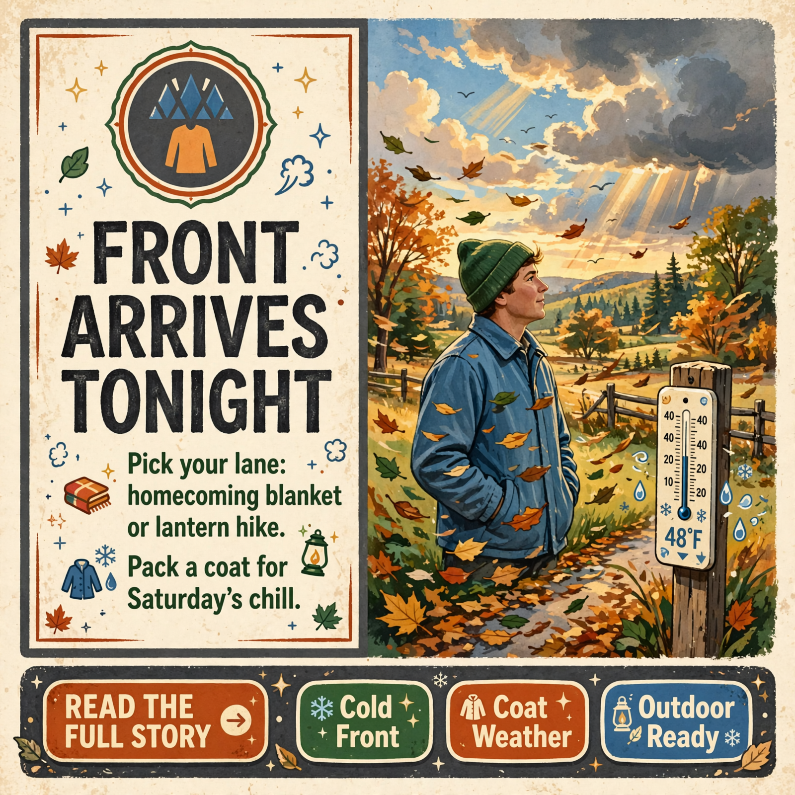Featured image for "🧥 The Front Is Here — Pick One Lane Tonight, Coat Weather Saturday, and Turkey Opens Cold"