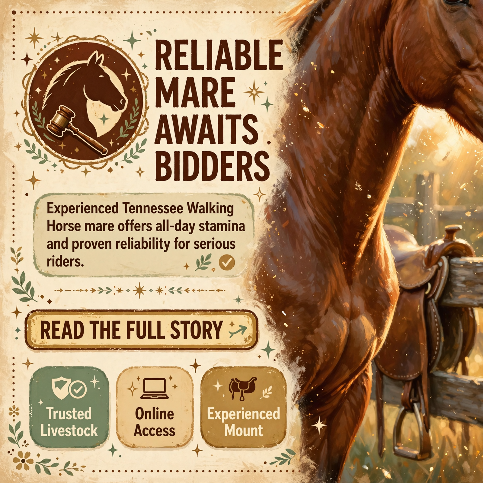 Featured image for "🐴 Tennessee Walking Horse Mare Available at Livestock Auction with Online Bidding"