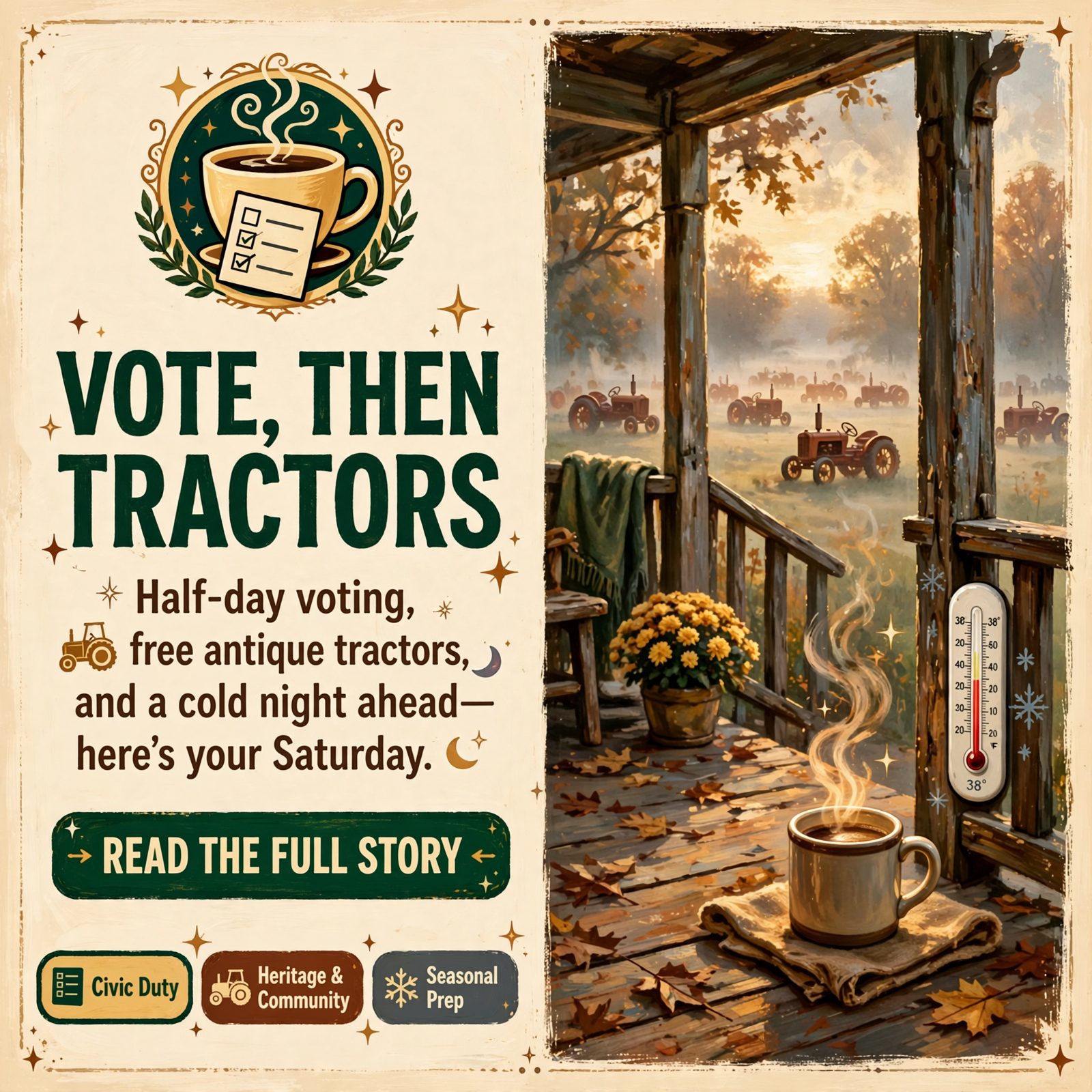 Featured image for "☕ Front Porch Morning: Tractor Saturday, a Half-Day to Vote, and a Coat-Weather Night Near 38"