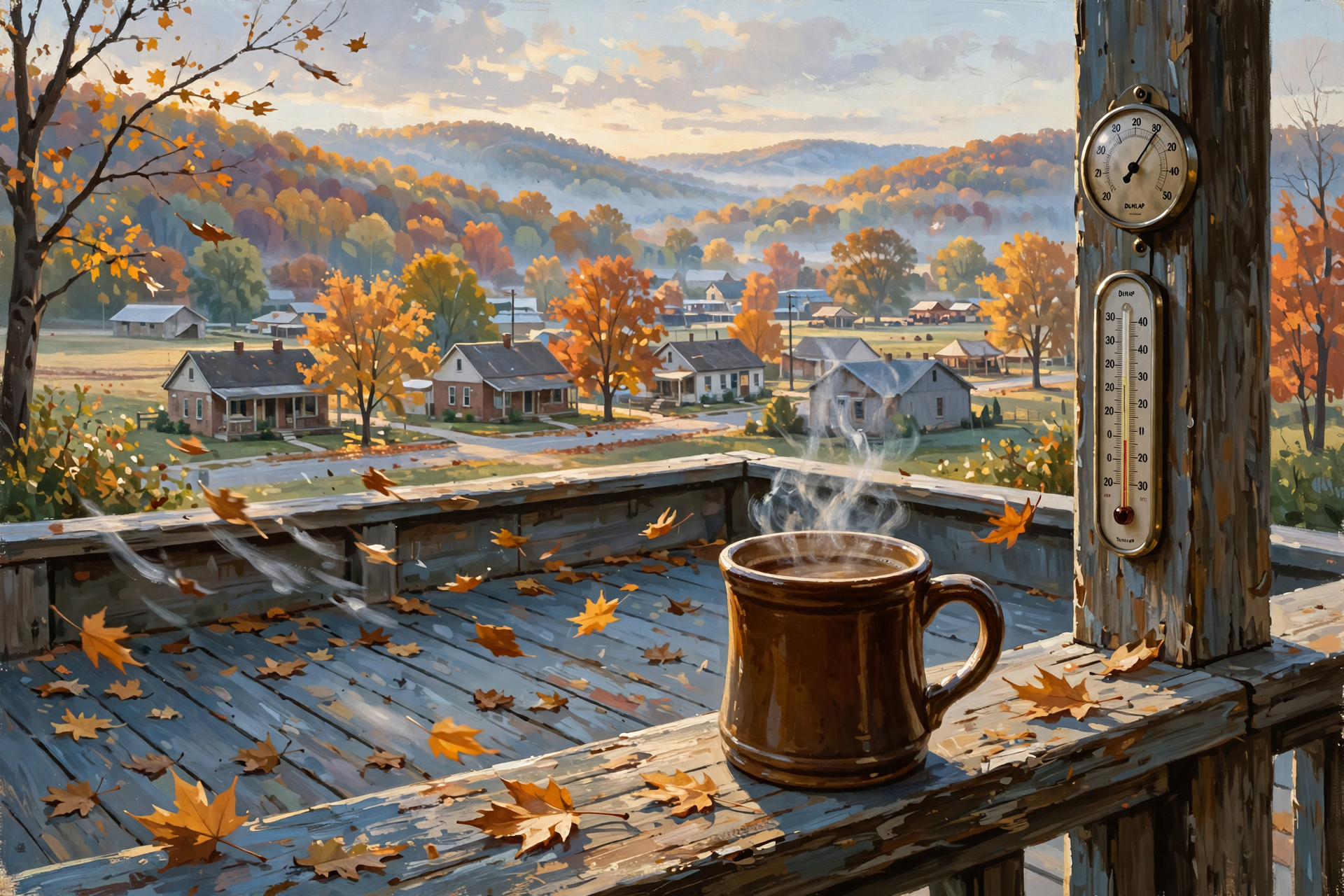 Illustration for ☕ Front Porch Morning: Tractor Saturday, a Half-Day to Vote, and a Coat-Weather Night Near 38