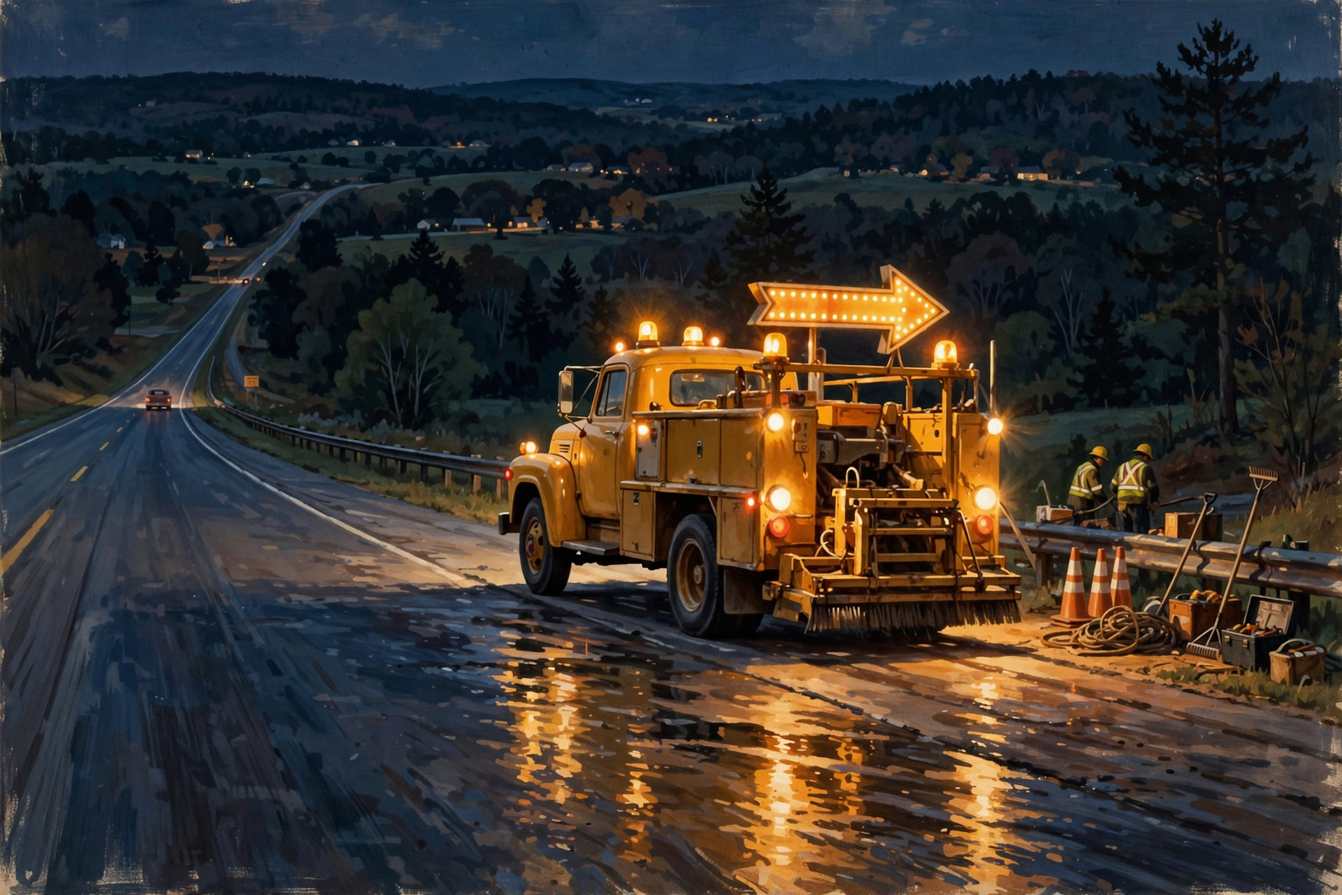 Illustration for 🌙 Those Flashing Trucks at Night: Guardrail, Sweeping and Fresh Paint