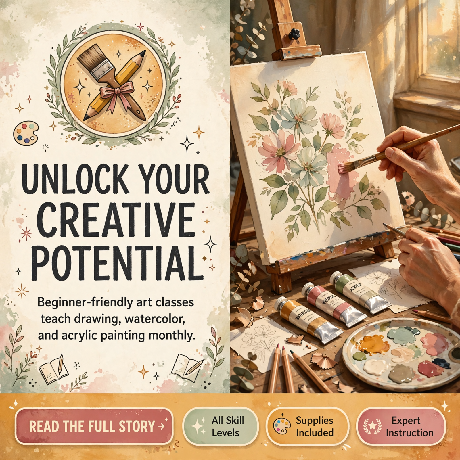 Featured image for "🎨 Monthly Art Classes Offer Step-by-Step Instruction in Drawing, Watercolor & Acrylic"