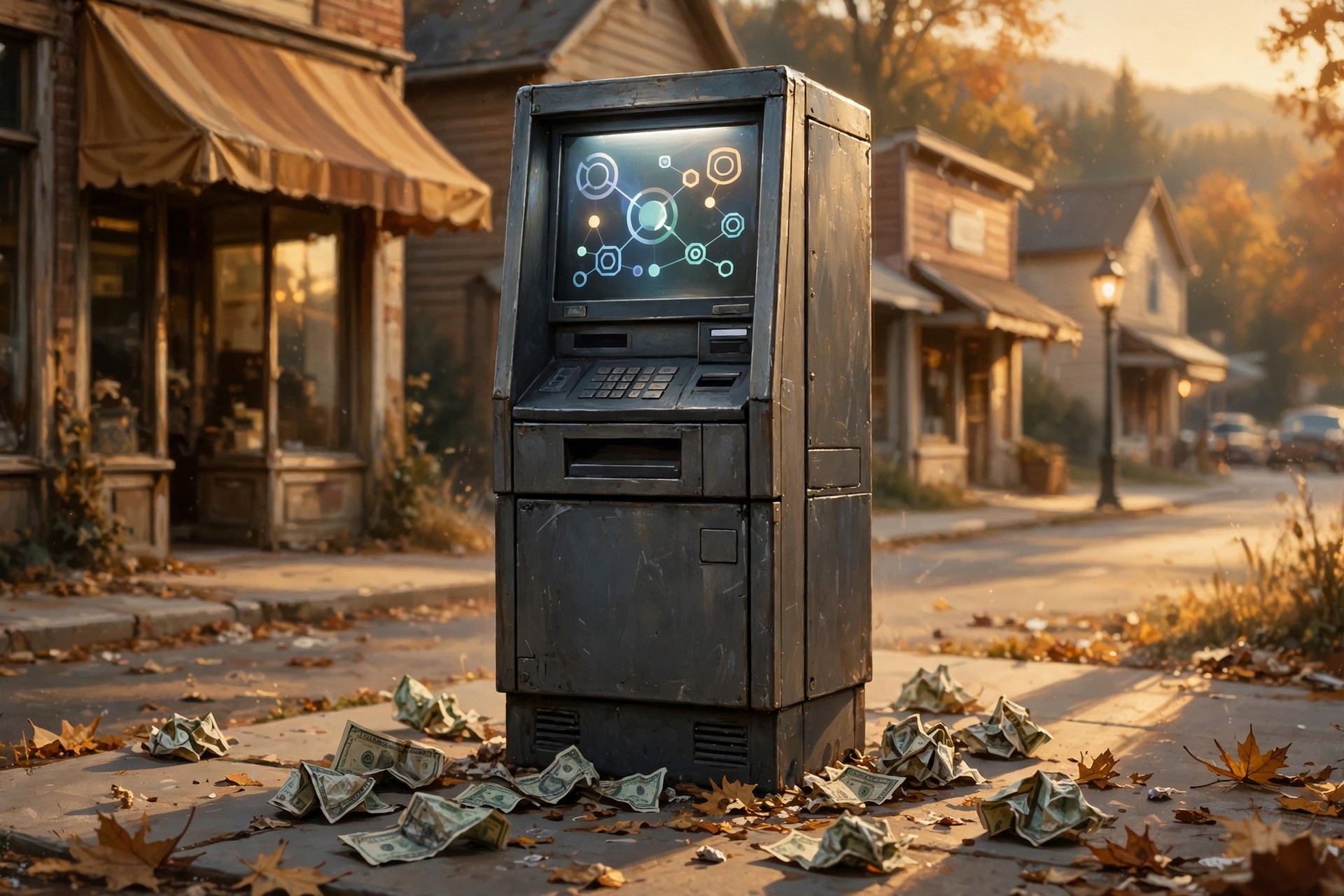 A standalone cryptocurrency ATM kiosk sits in a public space, its screen glowing with transaction prompts and cryptocurrency symbols, while crumpled cash bills…