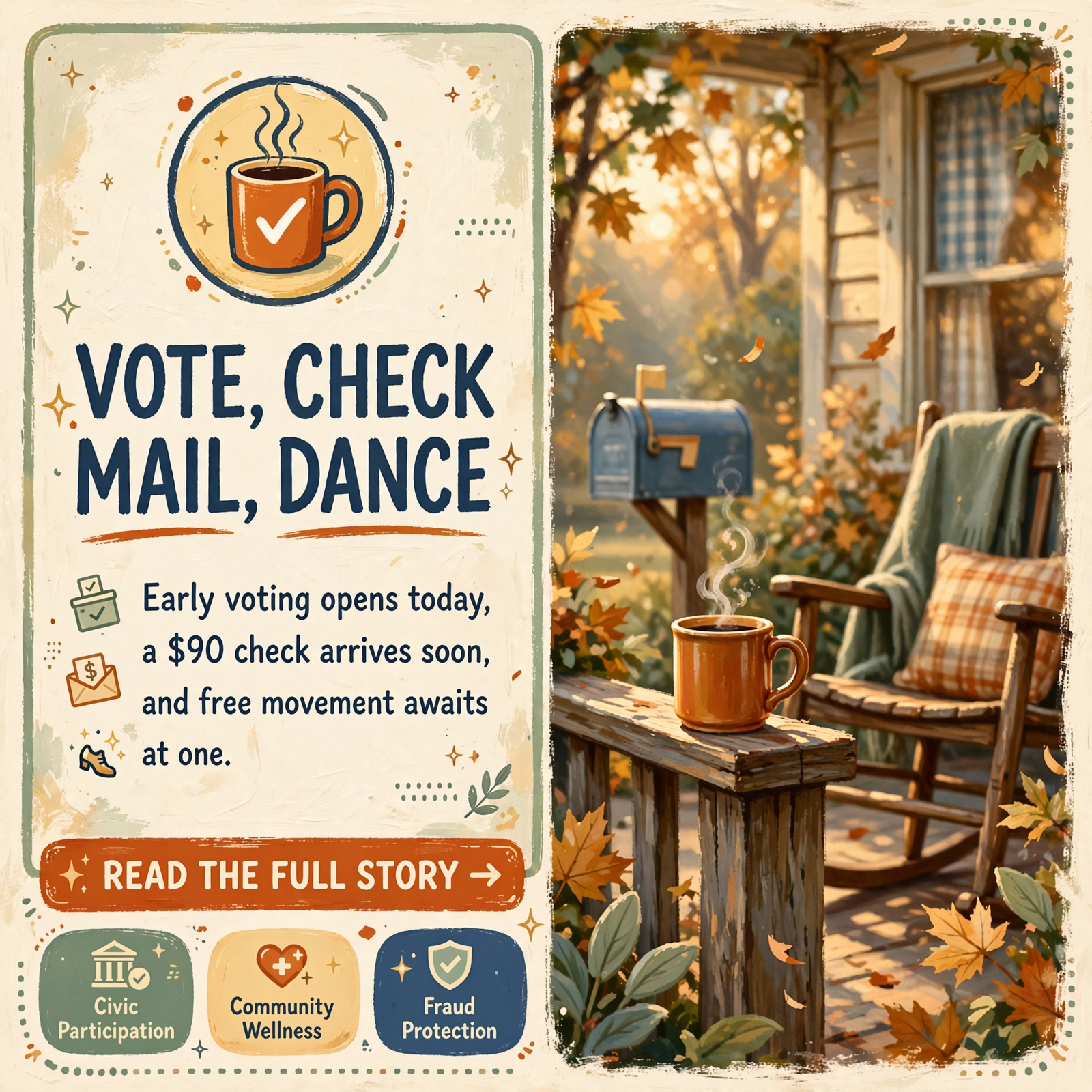 Featured image for "☕ Front Porch Morning: Early Voting Is Back, a $90 Check to Watch For, and Free Chair Dancing at 1"