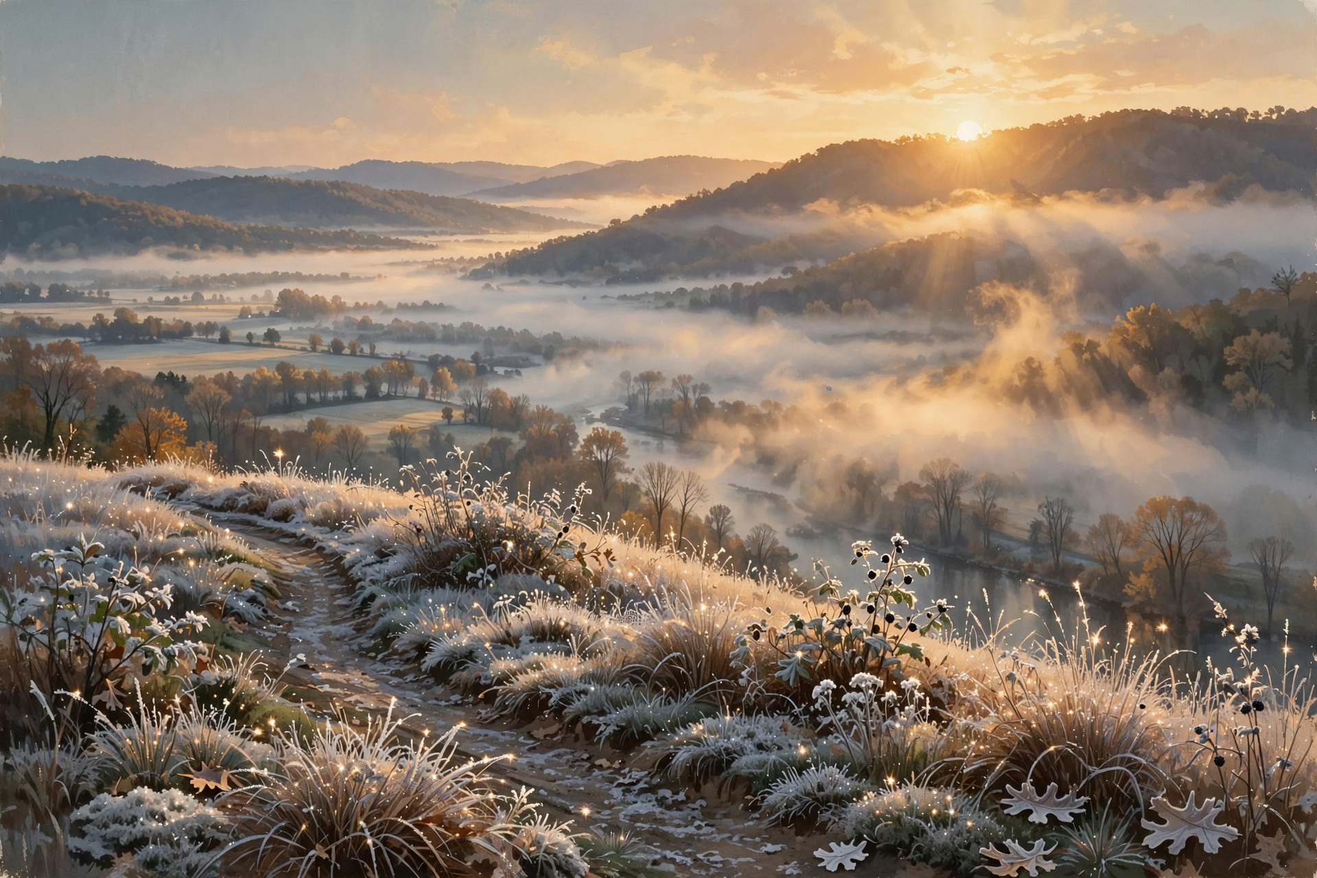 Illustration for 🌅 Frost on the Mountain, Fog by the River, Then a Warm Afternoon
