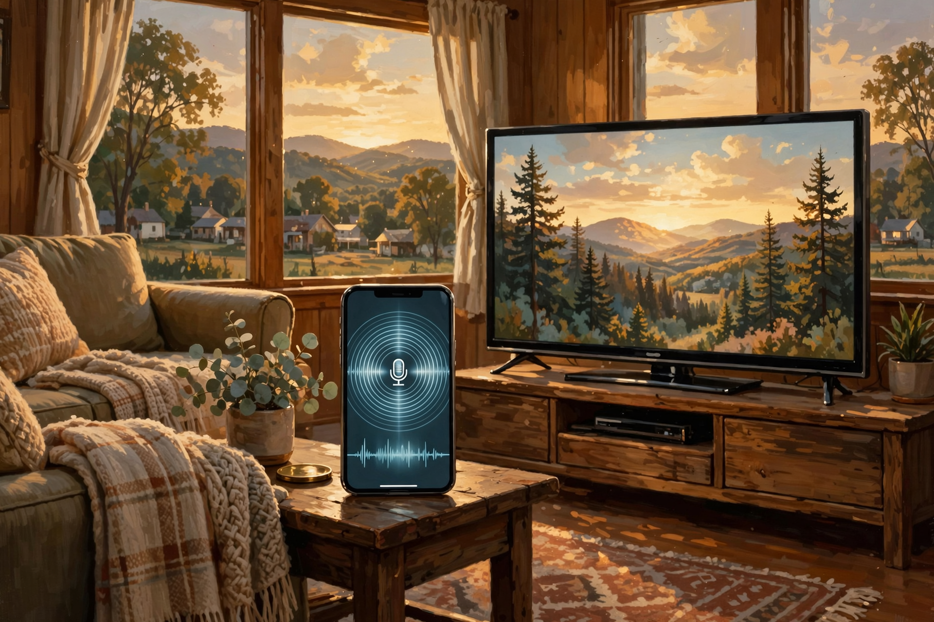 A modern flat-screen television sits in a living room, displaying a familiar streaming service or broadcast program, with warm evening light filtering through…
