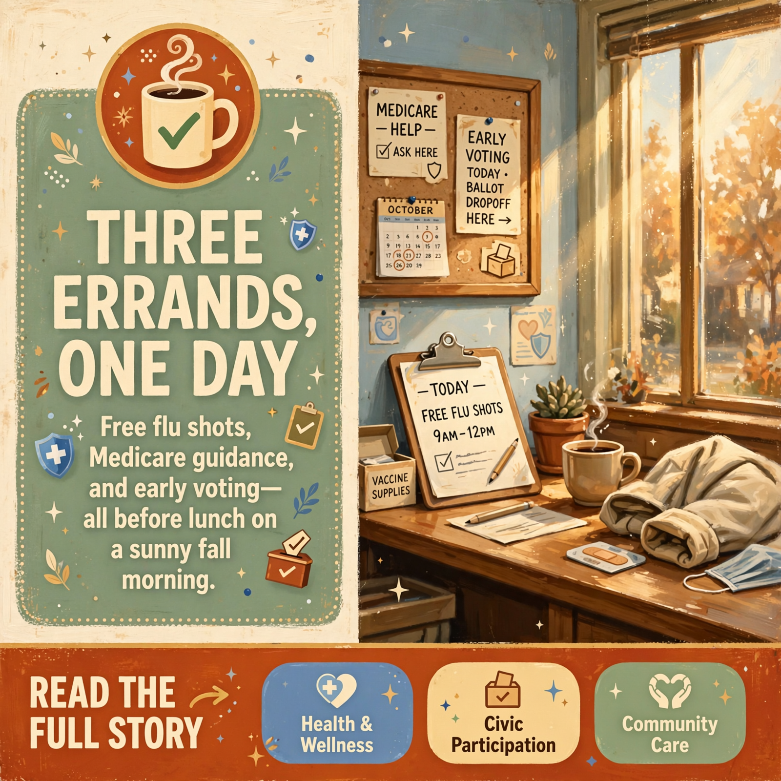 ☕ Front Porch Morning: Free Flu Shot Day, a Medicare Talk at 10, and Sunny Near 77 — Featured Image Featured image for "☕ Front Porch Morning: Free Flu Shot Day, a Medicare Talk at 10, and Sunny Near 77"