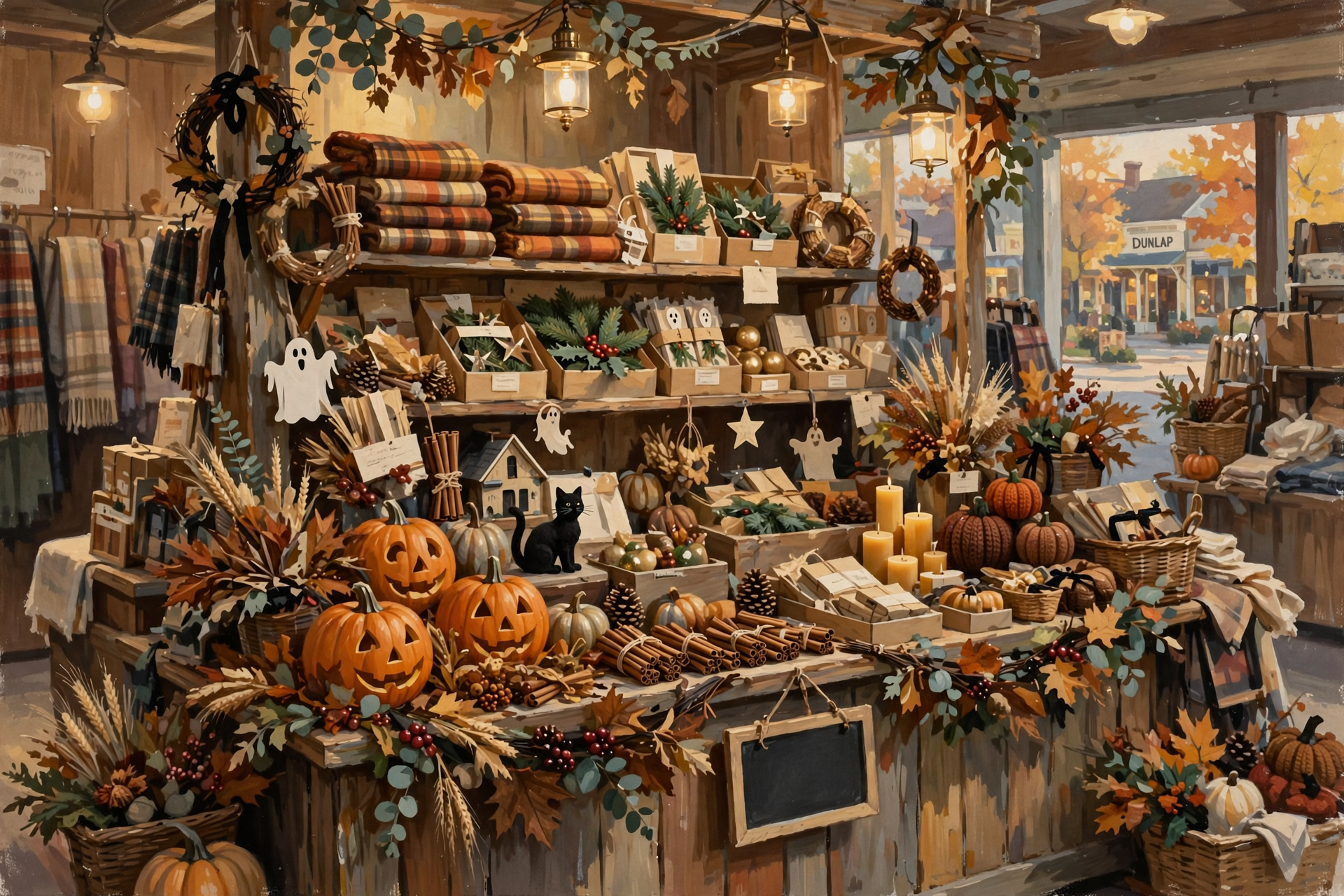A retail booth filled with autumn and Halloween merchandise—carved pumpkins, fall garland, seasonal décor items—with handwritten or printed sale signage…