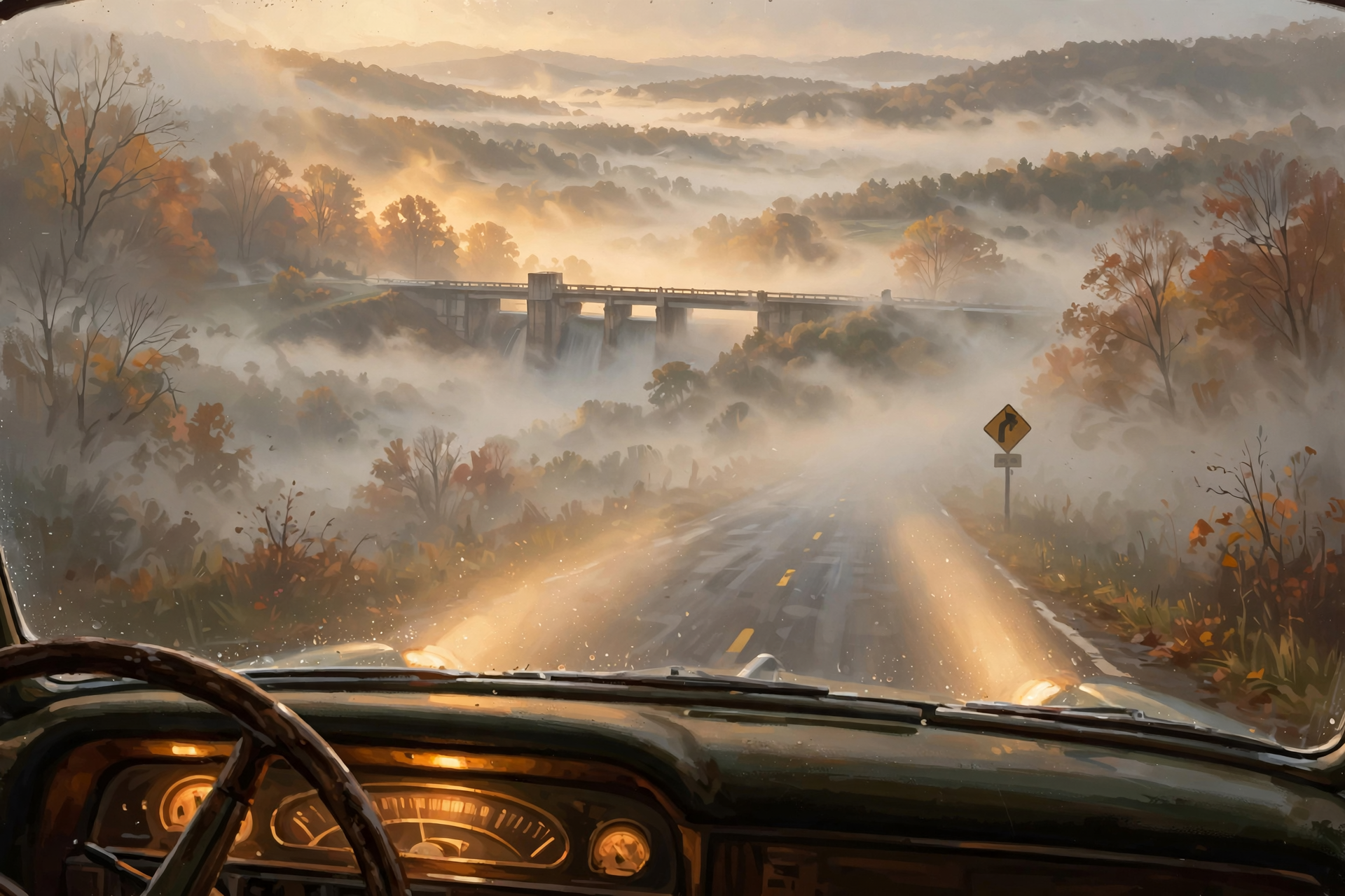 β
Your Valley Driving Checklist β Section Illustration A driver's view from inside a vehicle on a misty morning, with fog rolling thick across a river valley below a bridge or dam structure, the road ahead barelyβ¦