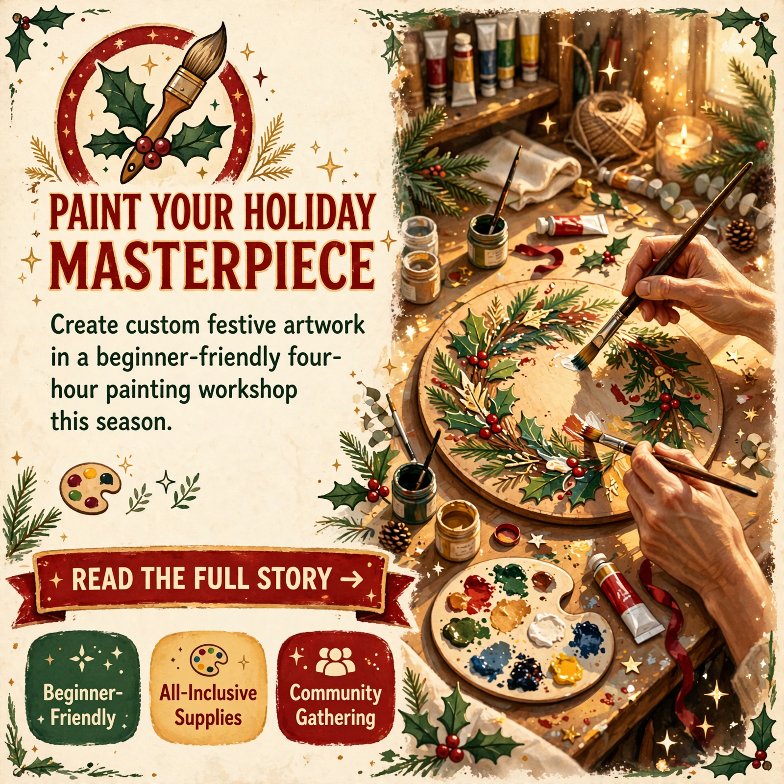 Featured image for "🎨 Holiday Wooden Wreath Acrylic Painting Class in Dayton"
