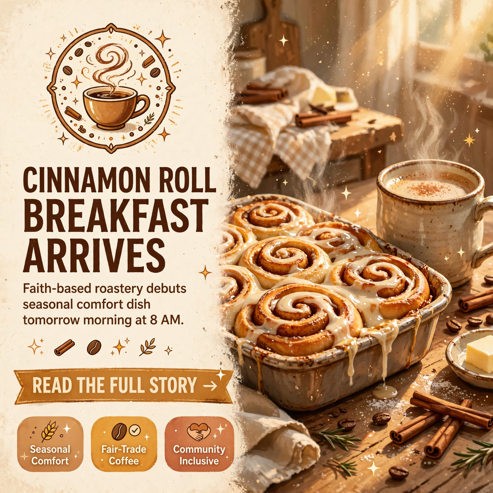 Featured image for "☕ Cinnamon Roll Breakfast Casserole Coming Tomorrow at Good News Roasters"