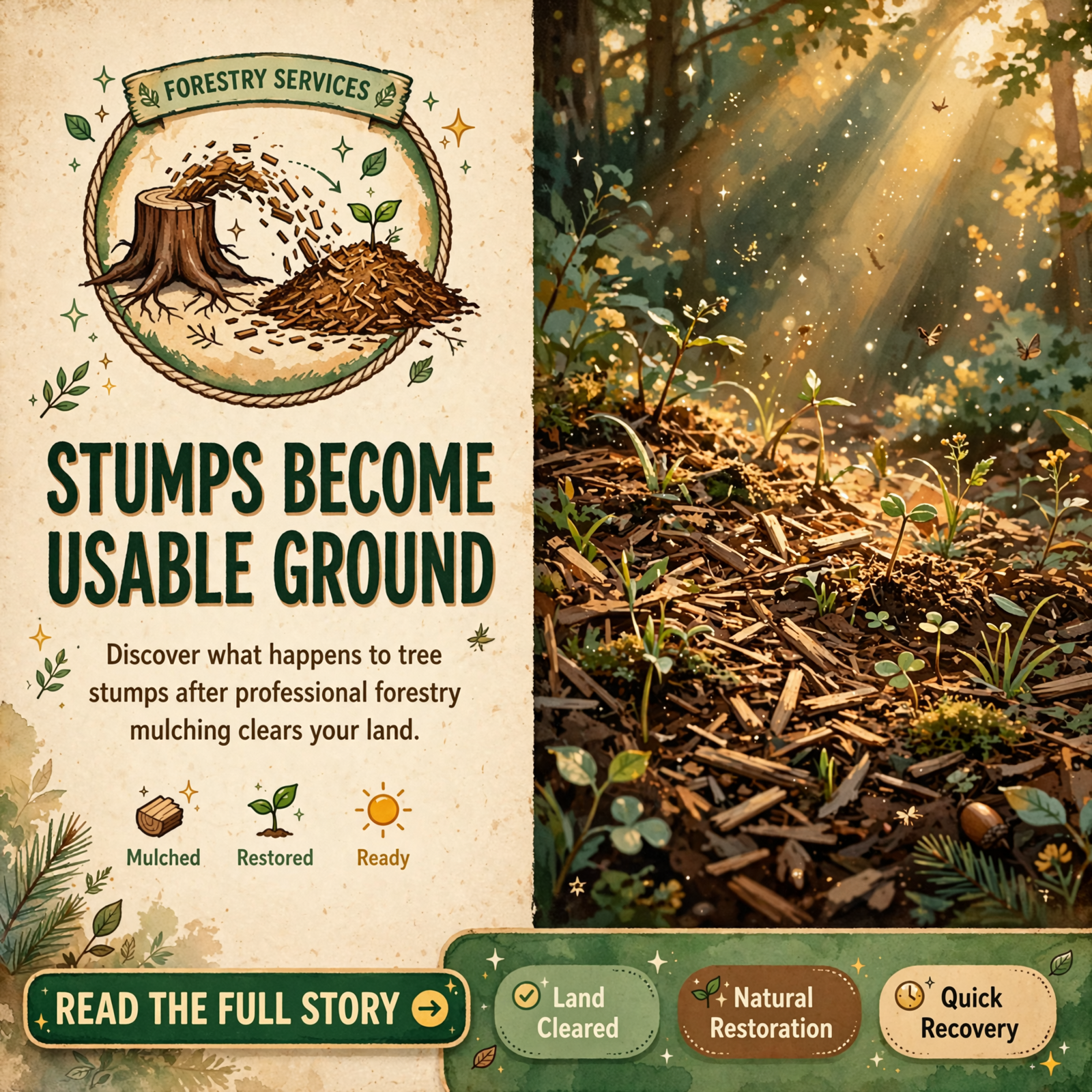 Featured image for "🌳 What Happens to Tree Stumps After Forestry Mulching? A Local Guide"