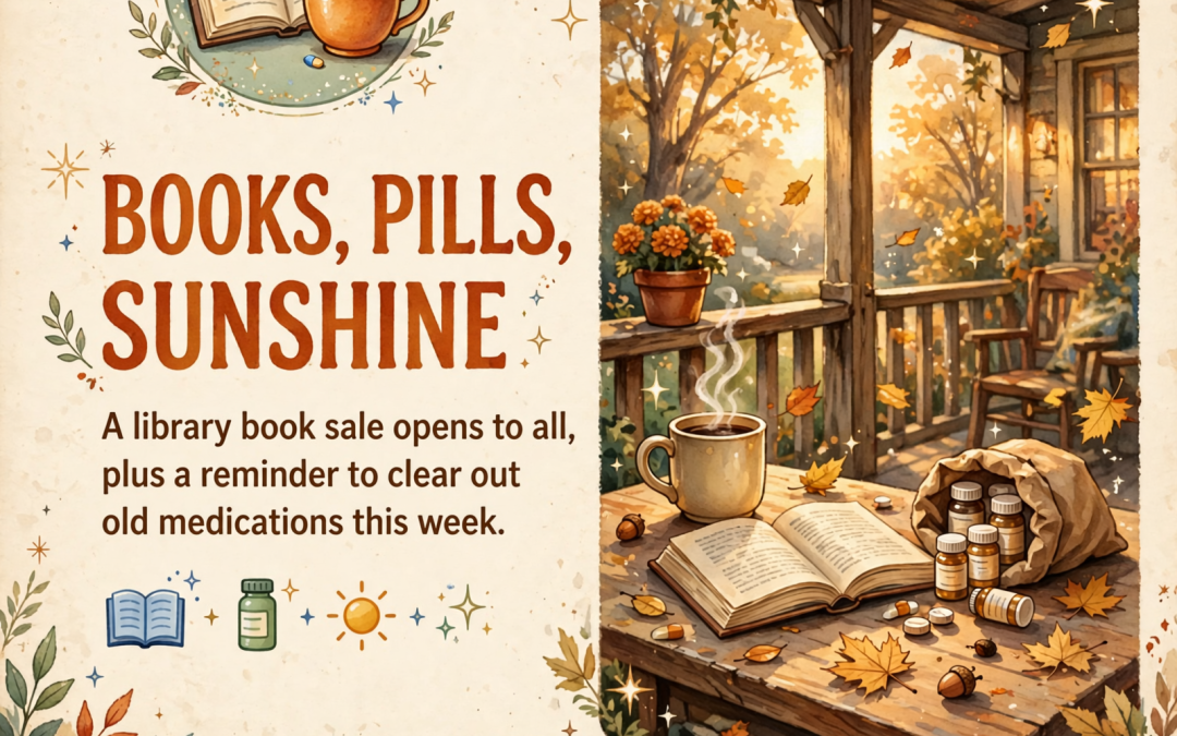 ☕ Front Porch Morning: The Book Sale Opens to Everyone, a Medicine Cabinet Clean-Out, and Sunny Near 75
