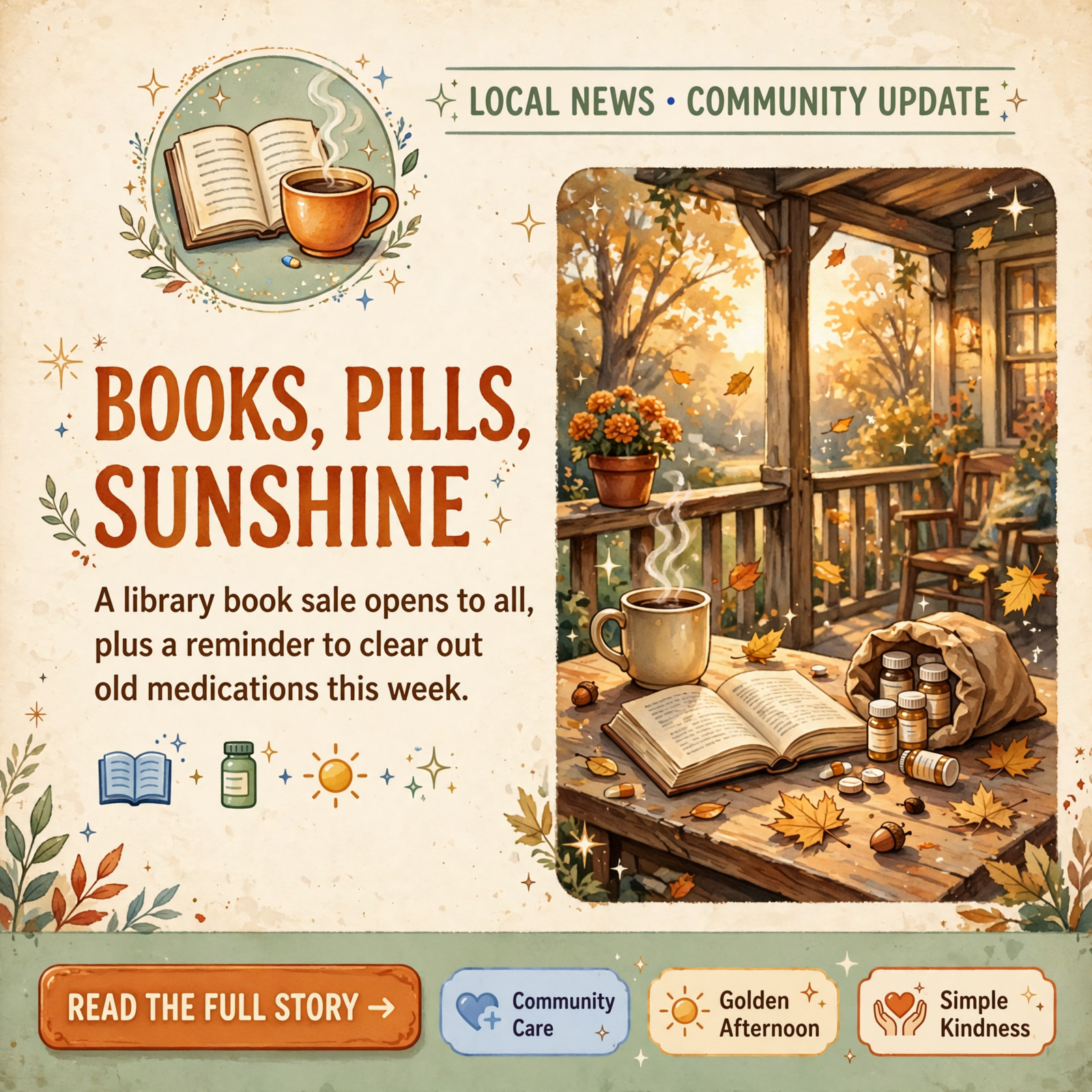 Featured image for "☕ Front Porch Morning: The Book Sale Opens to Everyone, a Medicine Cabinet Clean-Out, and Sunny Near 75"