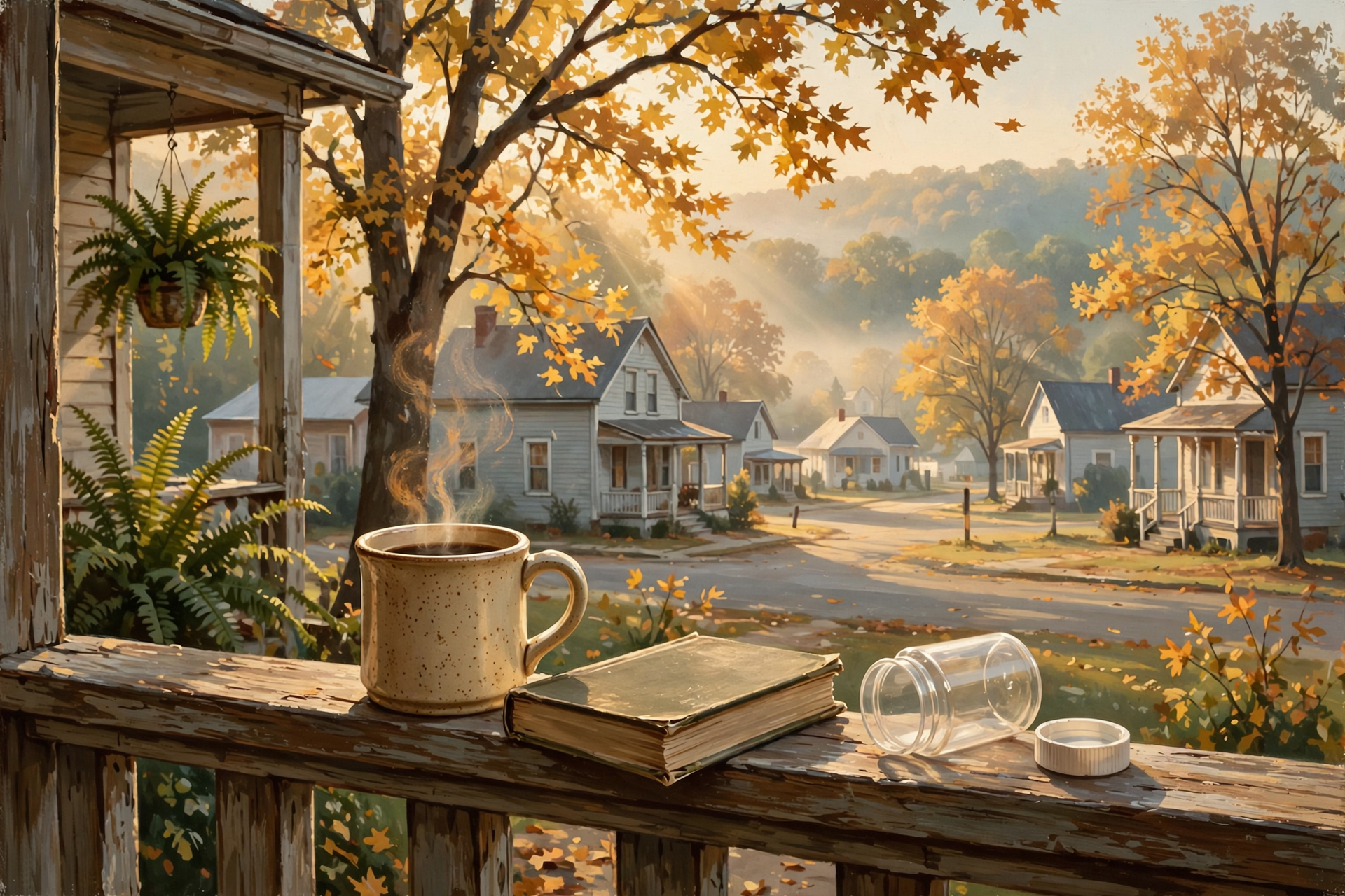 A steaming mug of coffee sits on a wooden porch railing in soft morning light, with a paperback book and an empty pill bottle placed beside it, overlooking a…