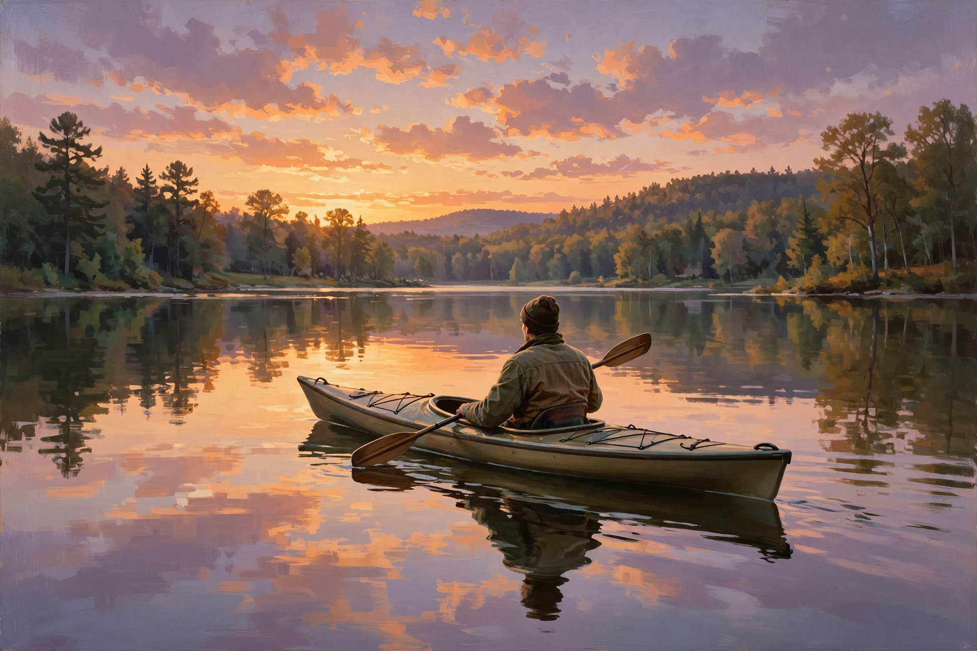 A kayak glides across a calm lake surface at twilight, the water mirror-smooth and reflecting soft orange and purple hues from the sky as the sun dips toward…