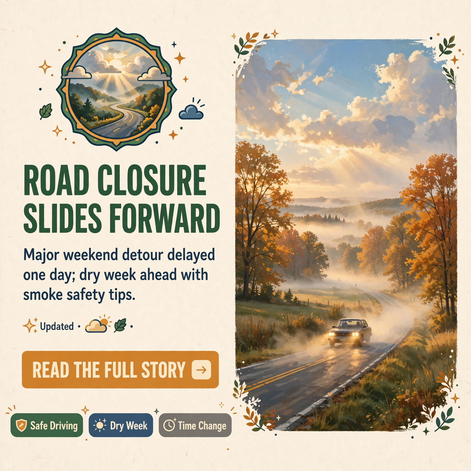 Featured image for "🚧 East Brainerd Road Now Closes Saturday, Smoke Smarts for a Dry Week and Ten Days Until We Fall Back: Your Roads & Commute Report"