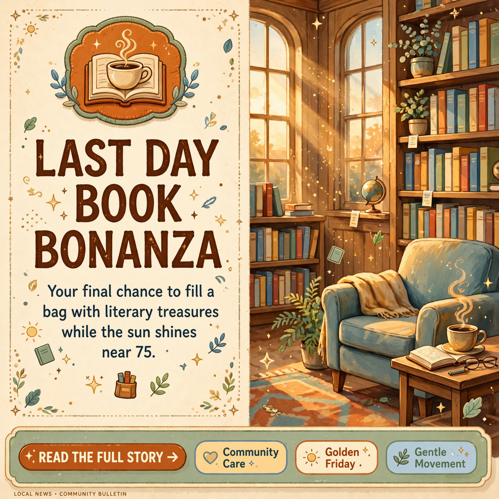 Featured image for "☕ Front Porch Morning: Last Public Book Sale Day, Chair Dancing at 1, and Sunny Near 75"