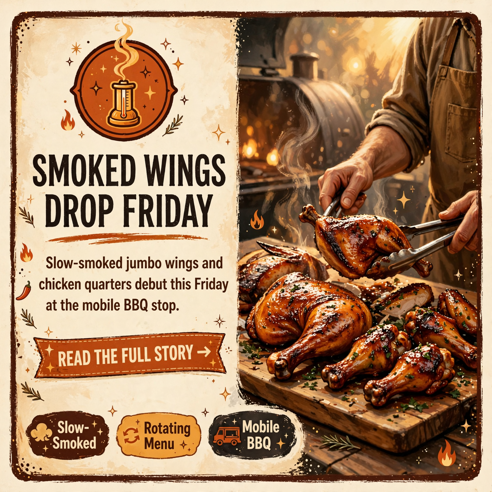 Featured image for "🍖 Smoked Jumbo Wings and Chicken Leg Quarters Coming Friday at Smokey Ridge BBQ"