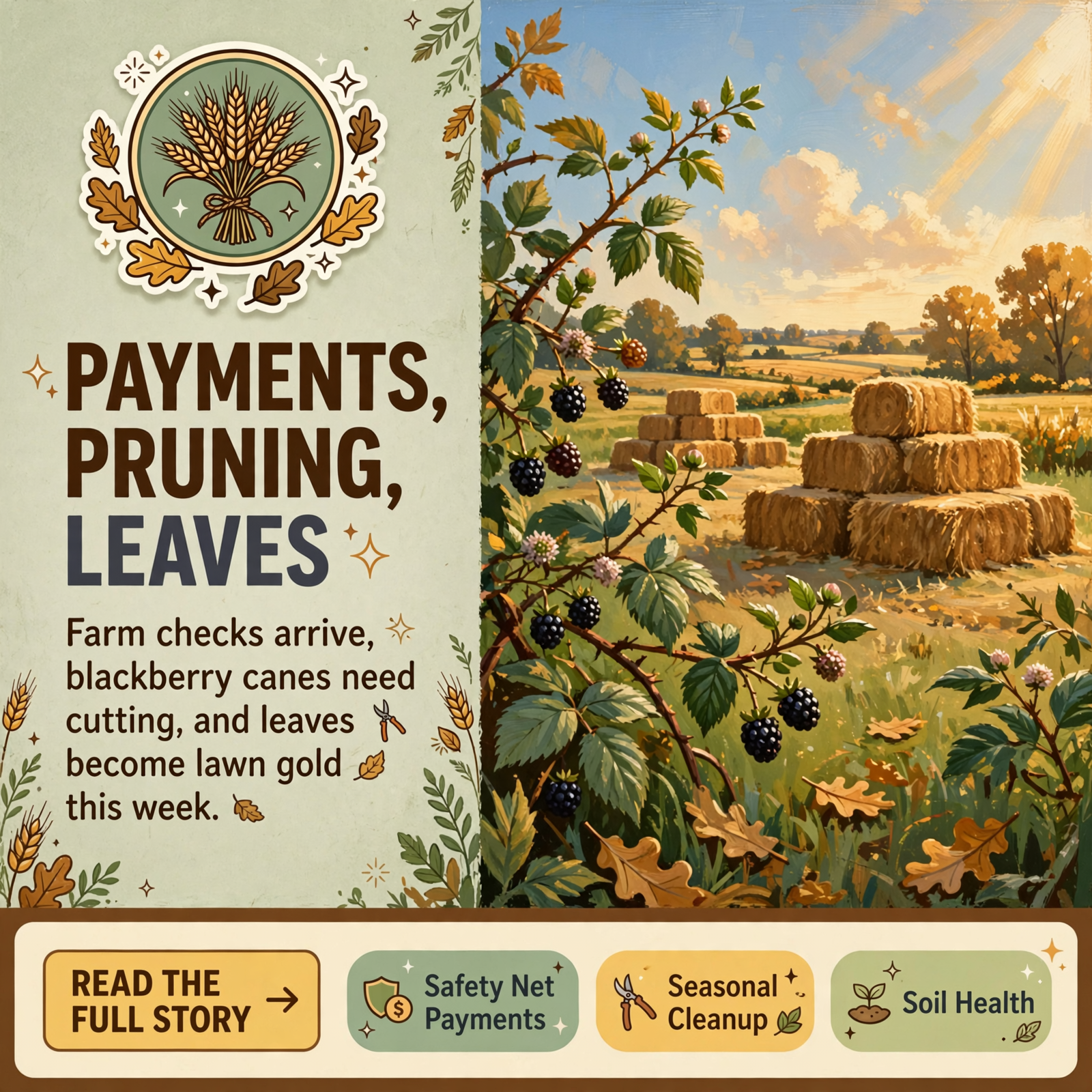 Featured image for "🌾 Farm Payments on the Way, a Blackberry Cleanup Date, Leaves Worth Keeping and a Steady Pasture Report — Your Farm & Garden Report"
