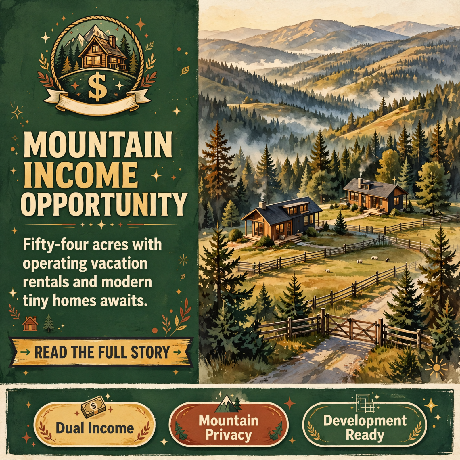 Featured image for "⛰️ 54-Acre Mountain Retreat with Tiny Homes Listed in Crossville"