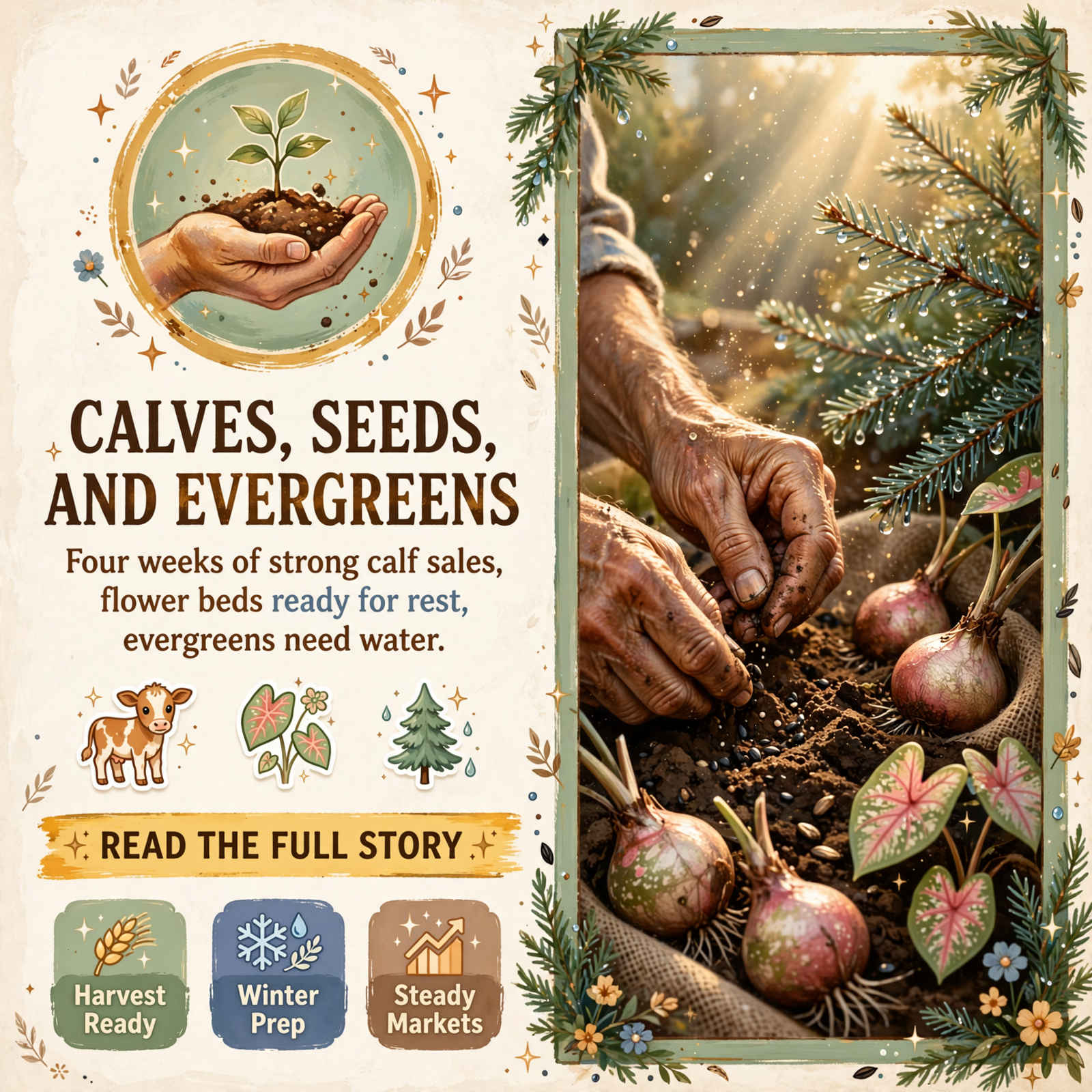 Featured image for "🌾 Calves Keep Rolling to Town, Flower Beds Get Tucked In and Evergreens Get a Drink — Your Farm & Garden Report"