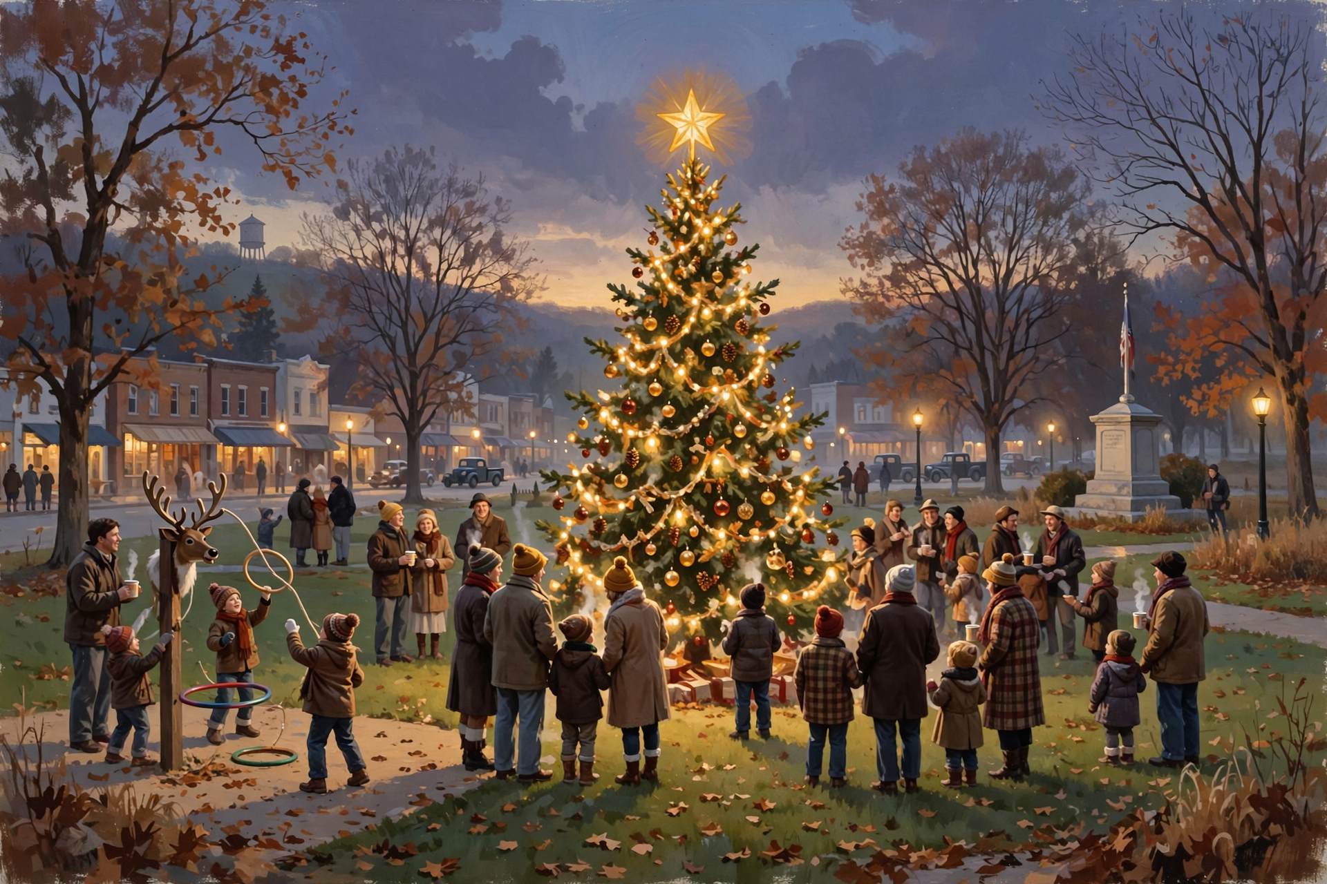 A decorated Christmas tree stands illuminated in the center of Veterans Memorial Park in downtown Trenton, with families and children gathered around it on the…
