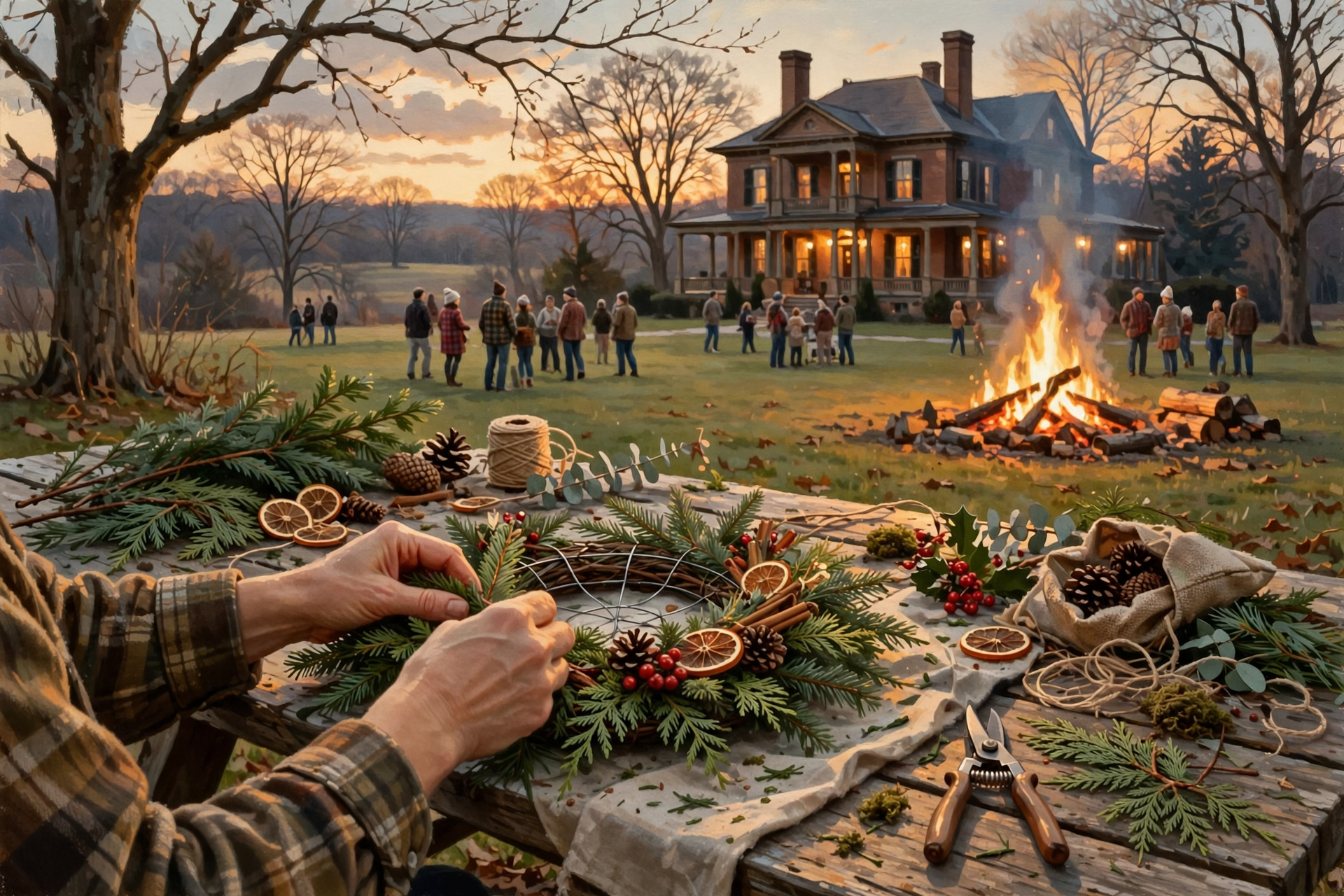 Illustration for 🎄 Make Your Own Christmas Wreath by the Bonfire at Sweetwater's 1859 Whistlestop Manor
