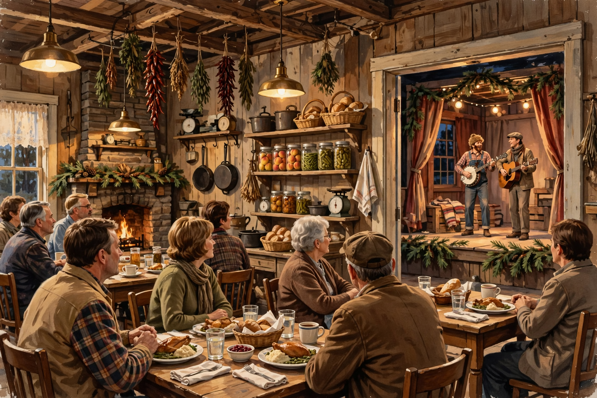 Diners seated at tables in a historic general store dining room share a meal together, with period details and warm lighting creating an intimate atmosphere…