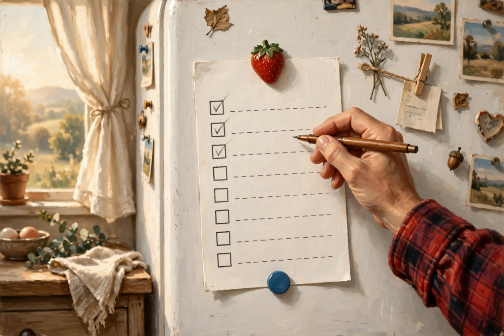 A hand holds a pen poised over a printed checklist pinned to a refrigerator door, with checkboxes next to local business names and dates.