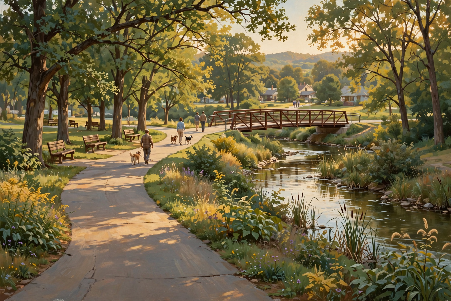 A wide, smooth paved path winds through a tree-lined corridor beside a gentle creek, with benches visible along the route and an ADA-accessible bridge spanning…