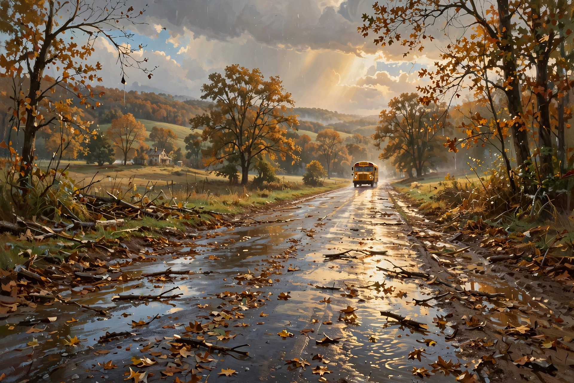 Illustration for 🌧️ After Saturday's Storm — Monday Bus and Wet Leaves