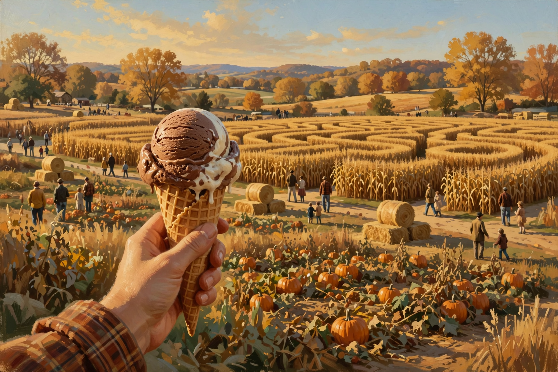 A hand holds a cone of hand-dipped ice cream in rich vanilla or chocolate, with a pumpkin patch and corn maze visible across an open farm field in soft…