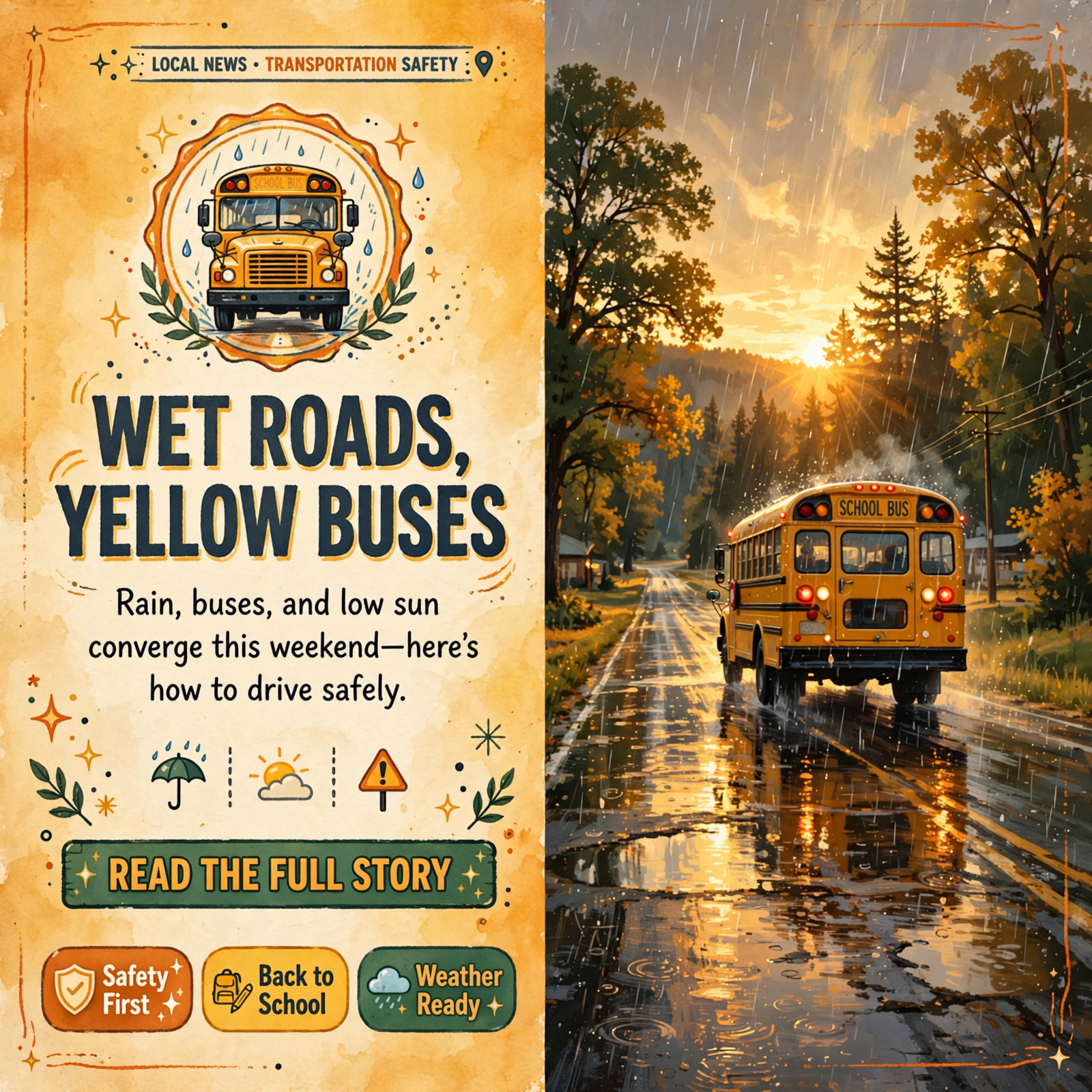 π§οΈ Wet Roads, Yellow Buses and Sun in Your Eyes: Your Roads & Commute Report β Featured Image Featured image for "π§οΈ Wet Roads, Yellow Buses and Sun in Your Eyes: Your Roads & Commute Report"
