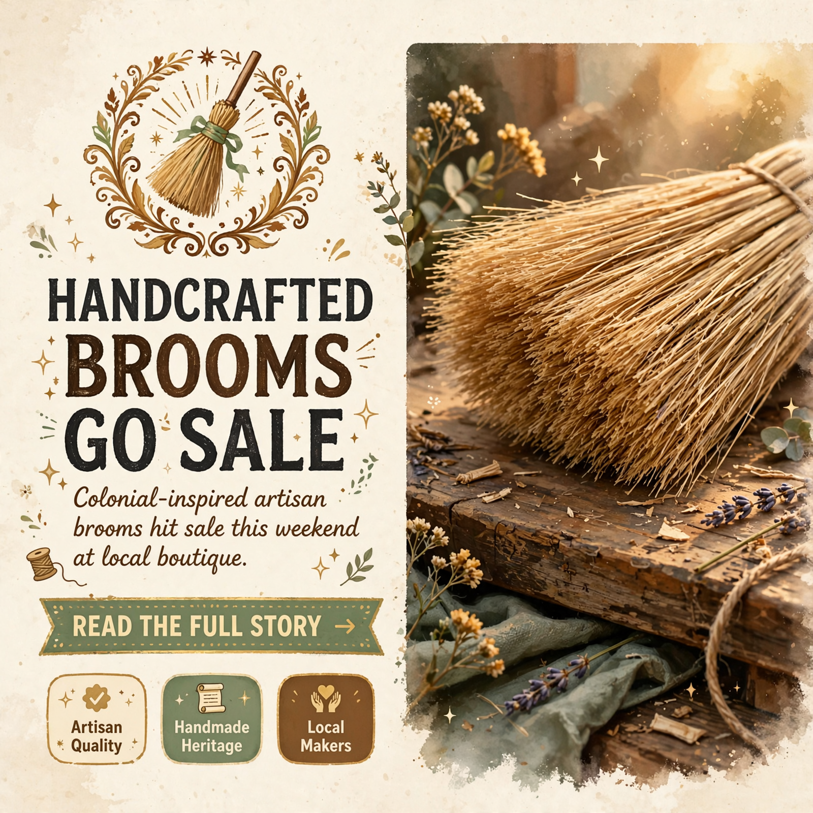Featured image for "🧹 Sister Moon Goods Broom Sale This Saturday - Colonial Craftsmanship on Special"