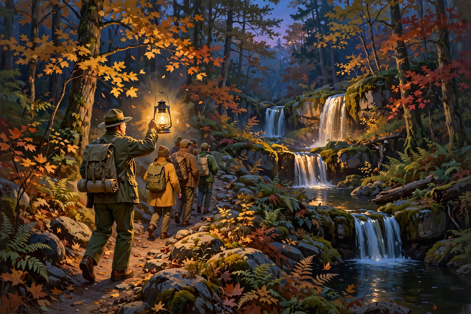 Illustration for 🏮 Follow a Ranger's Oil Lantern Past Three Waterfalls at Fall Creek Falls