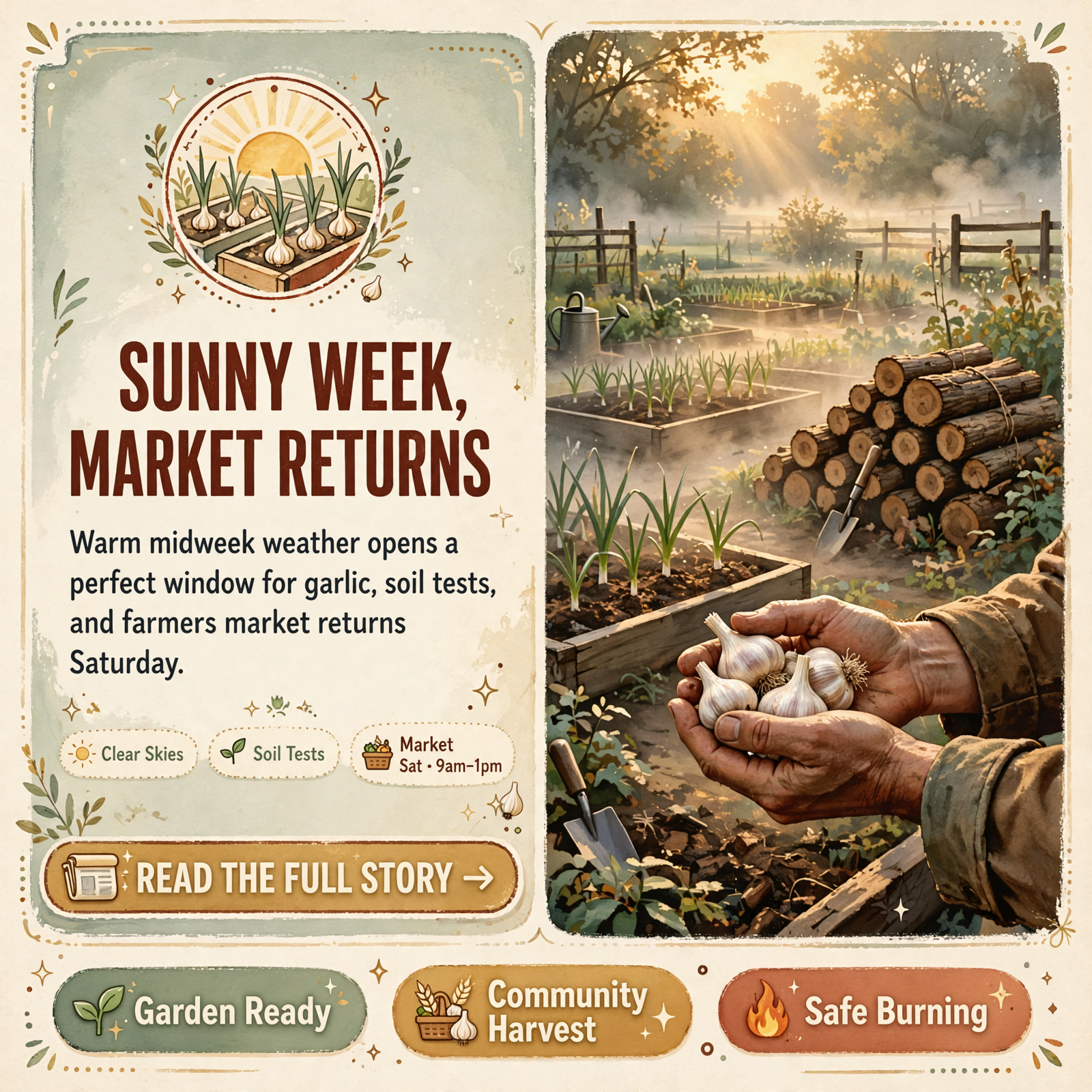 Featured image for "🌤️ Sunny Mid-80s, Market Back Oct. 17 and Burn Permits Thursday — Your Valley Weather, Garden & Farm Week"
