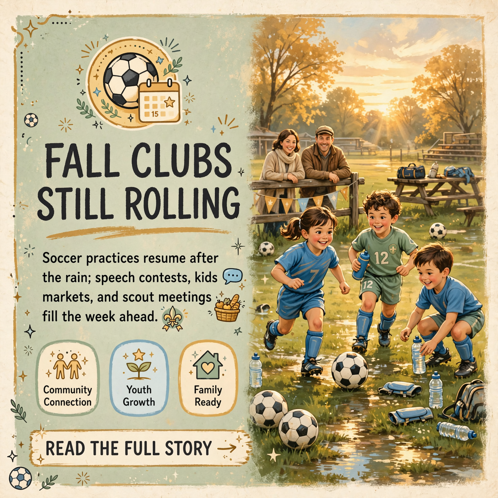 Featured image for "⚽ SYSA Soccer Still On After the Rain — 4-H Speech Month, Kids Market Signup and Scouts Monday Path"