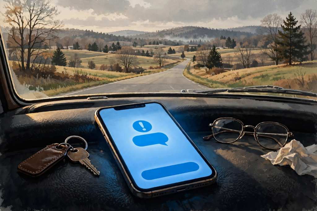 A smartphone screen displays a text message notification with urgent language about an unpaid toll and a blue clickable link, the phone resting on a car…