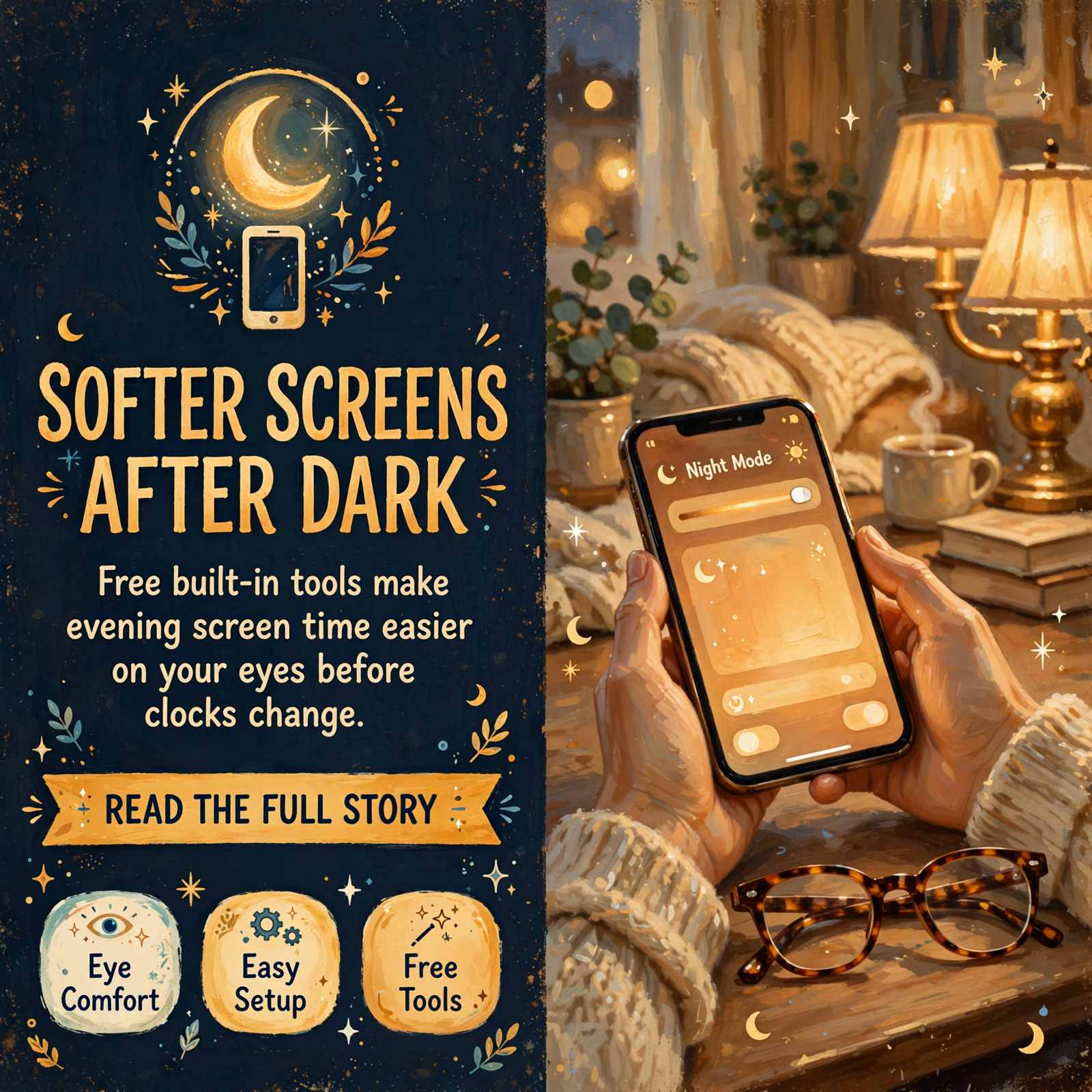 Featured image for "🌙 Softer Screens for Darker Fall Evenings: Night Shift, Dark Mode and Bigger Text Before Clocks Fall Back"