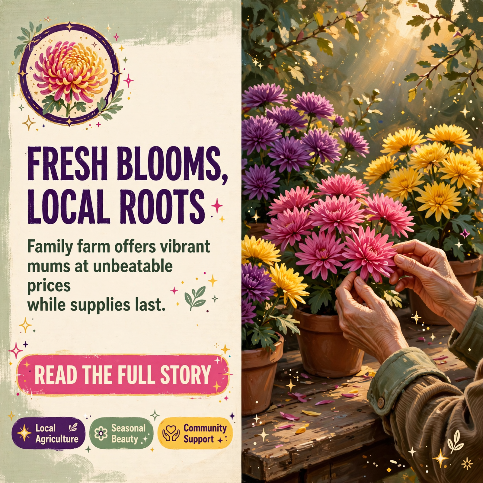 Featured image for "🌸 Blooming Plant Sale at Lazy Creek Farms - Pink, Yellow, and Purple Mums Available"